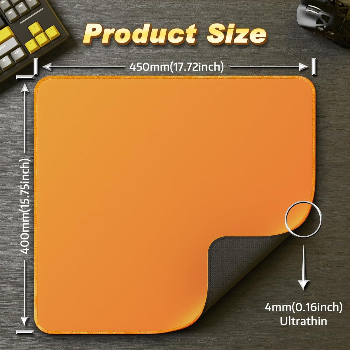 Orange mousepad, 450x400mm, 4mm thick. Keyboard and mouse in background.