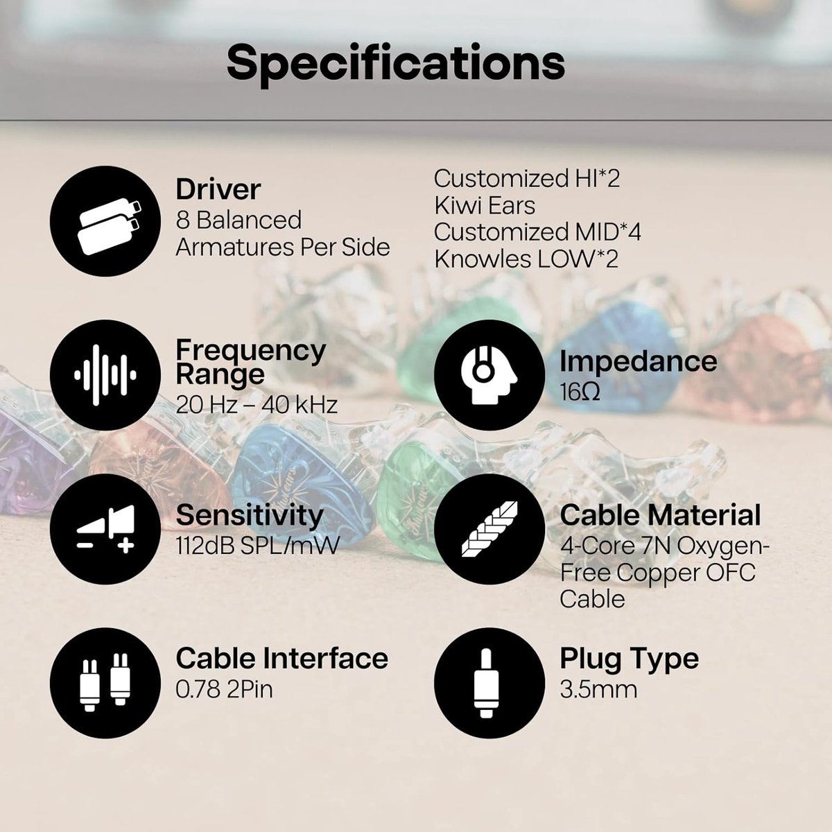 Spécifications : 8 drivers, fréquence 20 Hz-40 kHz, sensibilité 112dB, interface 0,78 2Pin, impédance 16 Ohm, câble 4 cœurs, prise 3,5mm.