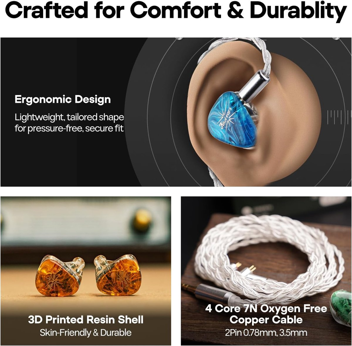 Conception ergonomique, coque en résine imprimée en 3D et câble en cuivre sans oxygène.