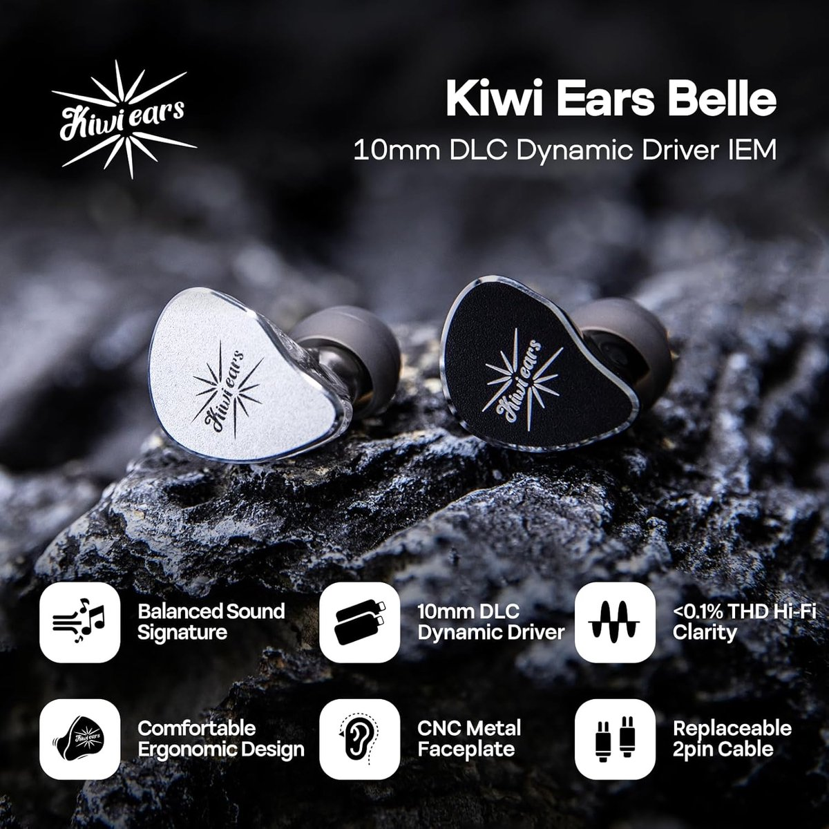 Écouteurs Kiwi Ears Belle : Blanc et noir, driver 10mm DLC, design ergonomique, câble remplaçable.