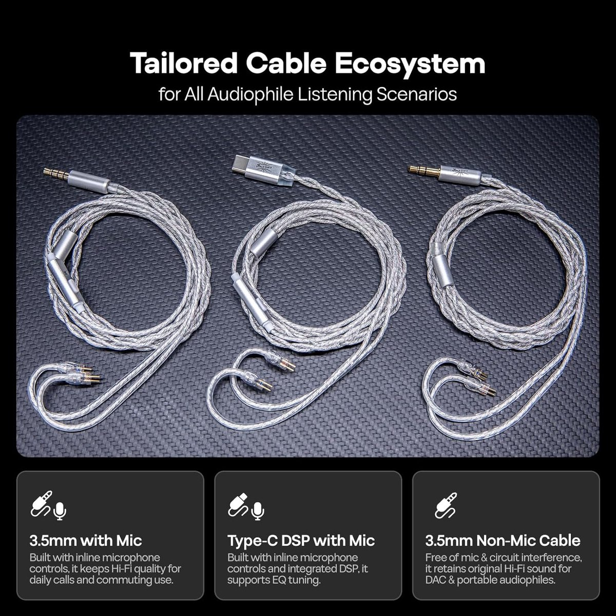 Trois câbles audio argentés sur surface texturée sombre. Texte supérieur : Tailored Cable Ecosystem.
