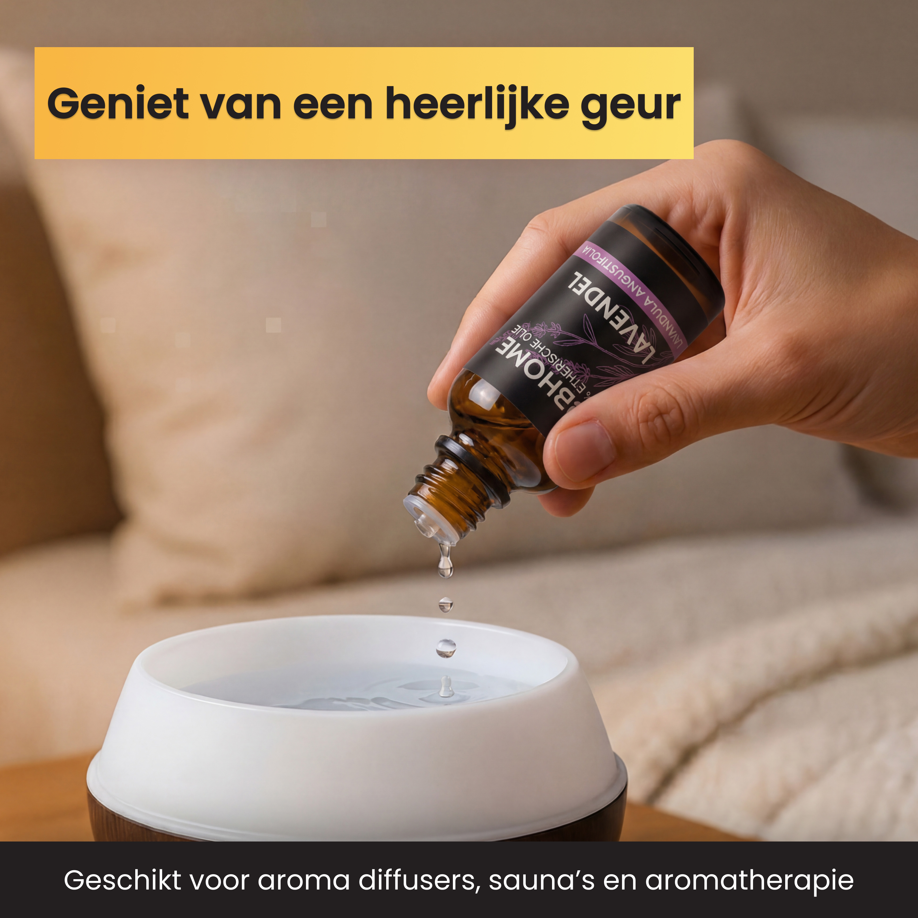 A hand drips lavender essential oil from a bottle into a diffuser.