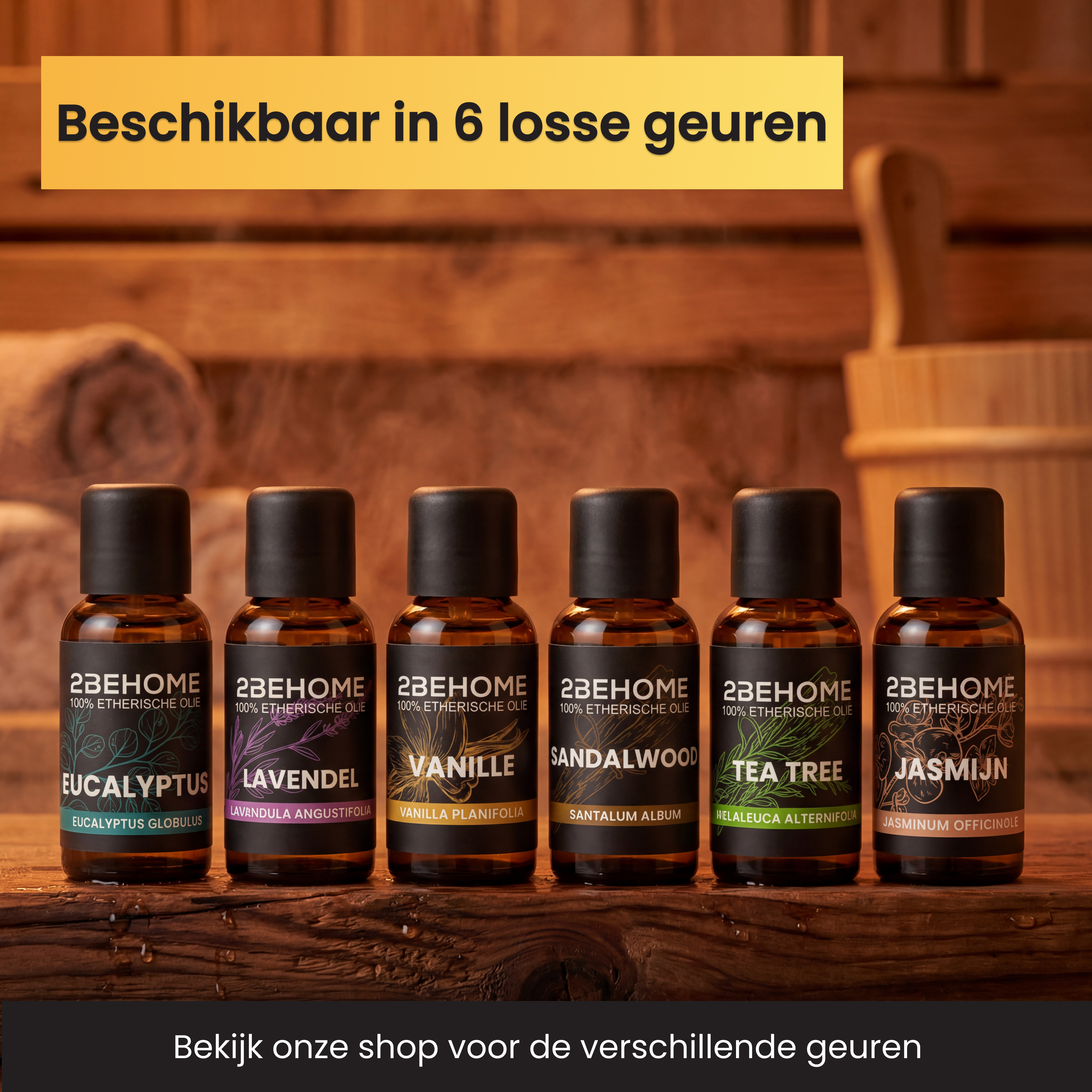 Six bottles of essential oil on a wooden shelf in a sauna.