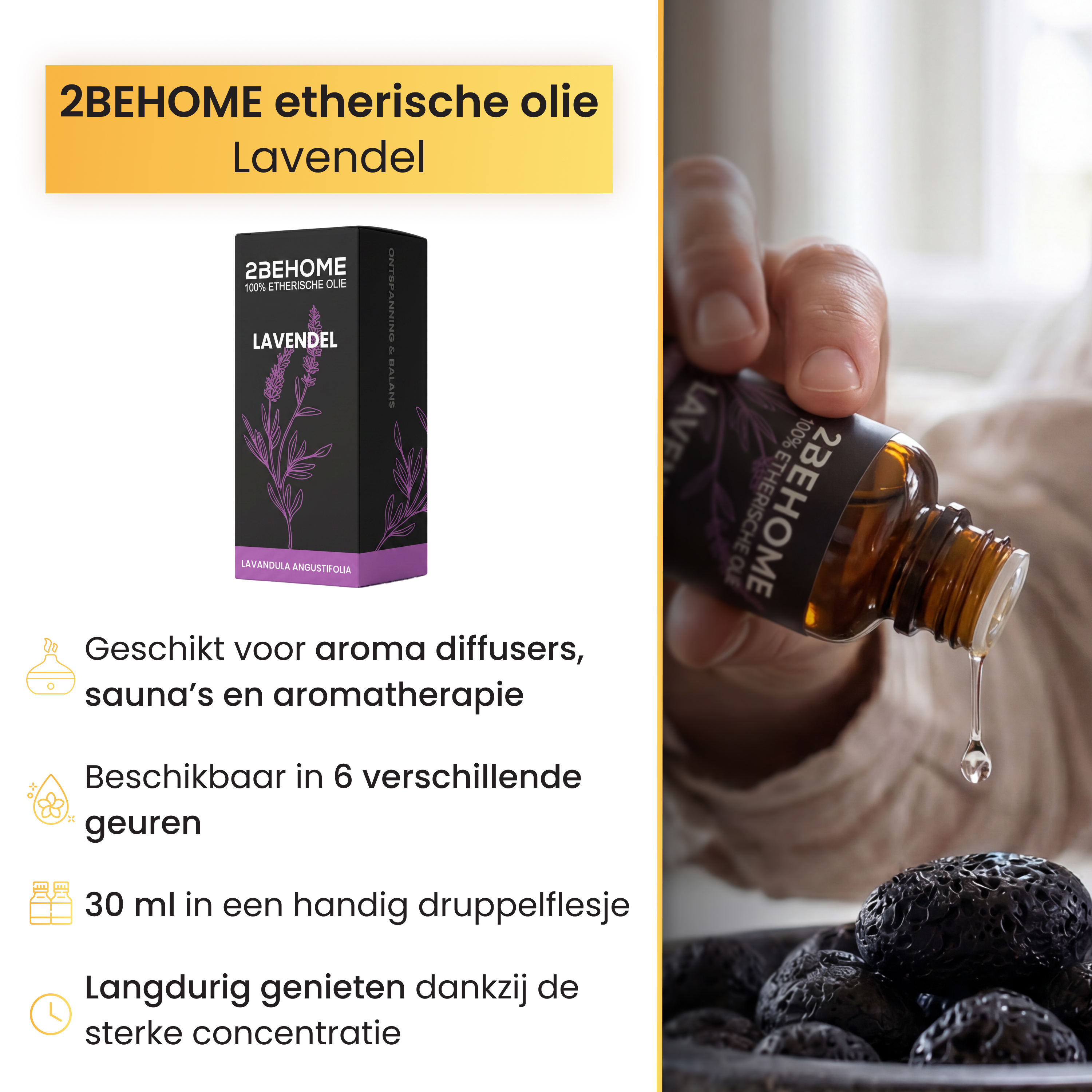 A hand drips lavender essential oil from a bottle onto black stones.