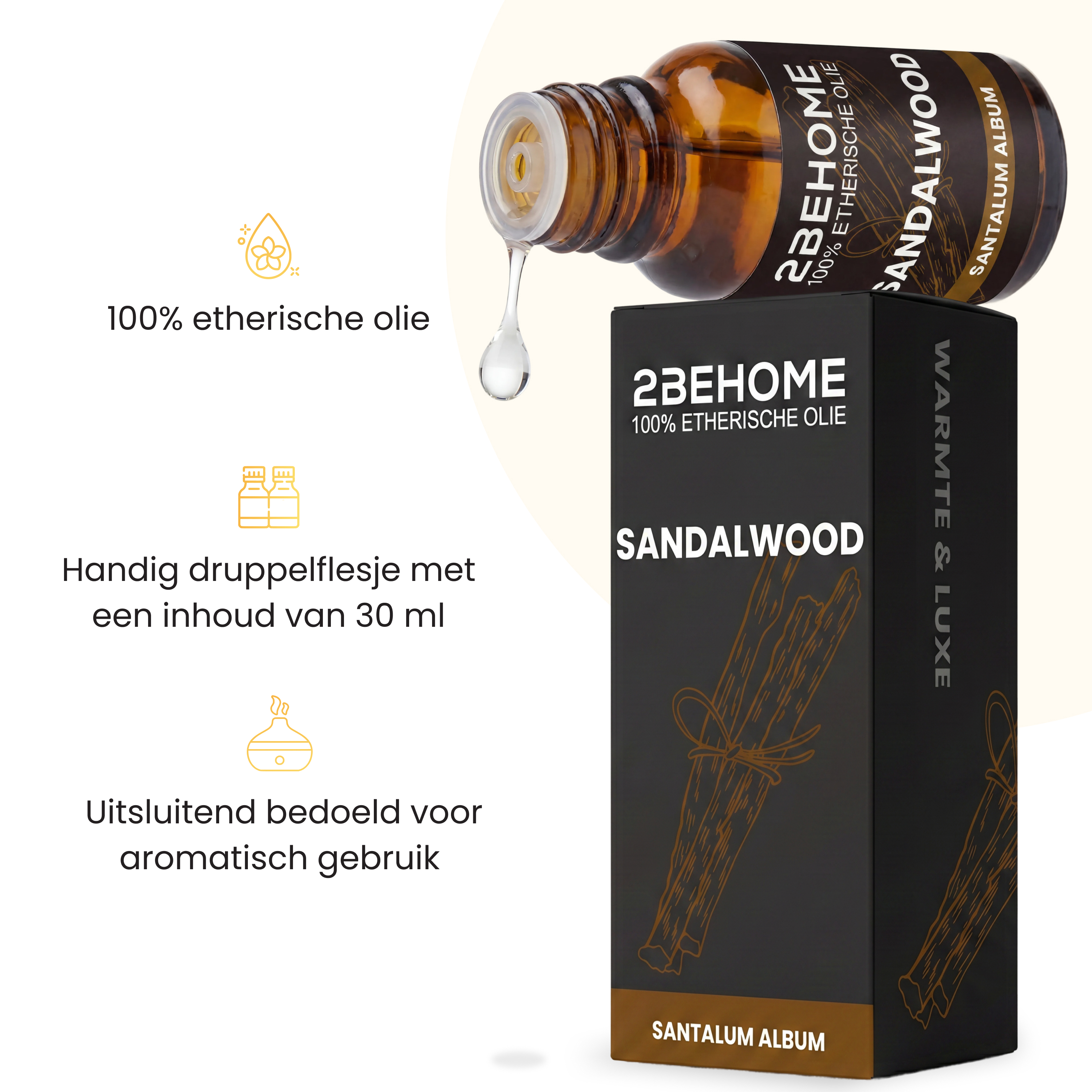 A bottle of sandalwood oil is pouring, its packaging stands nearby.