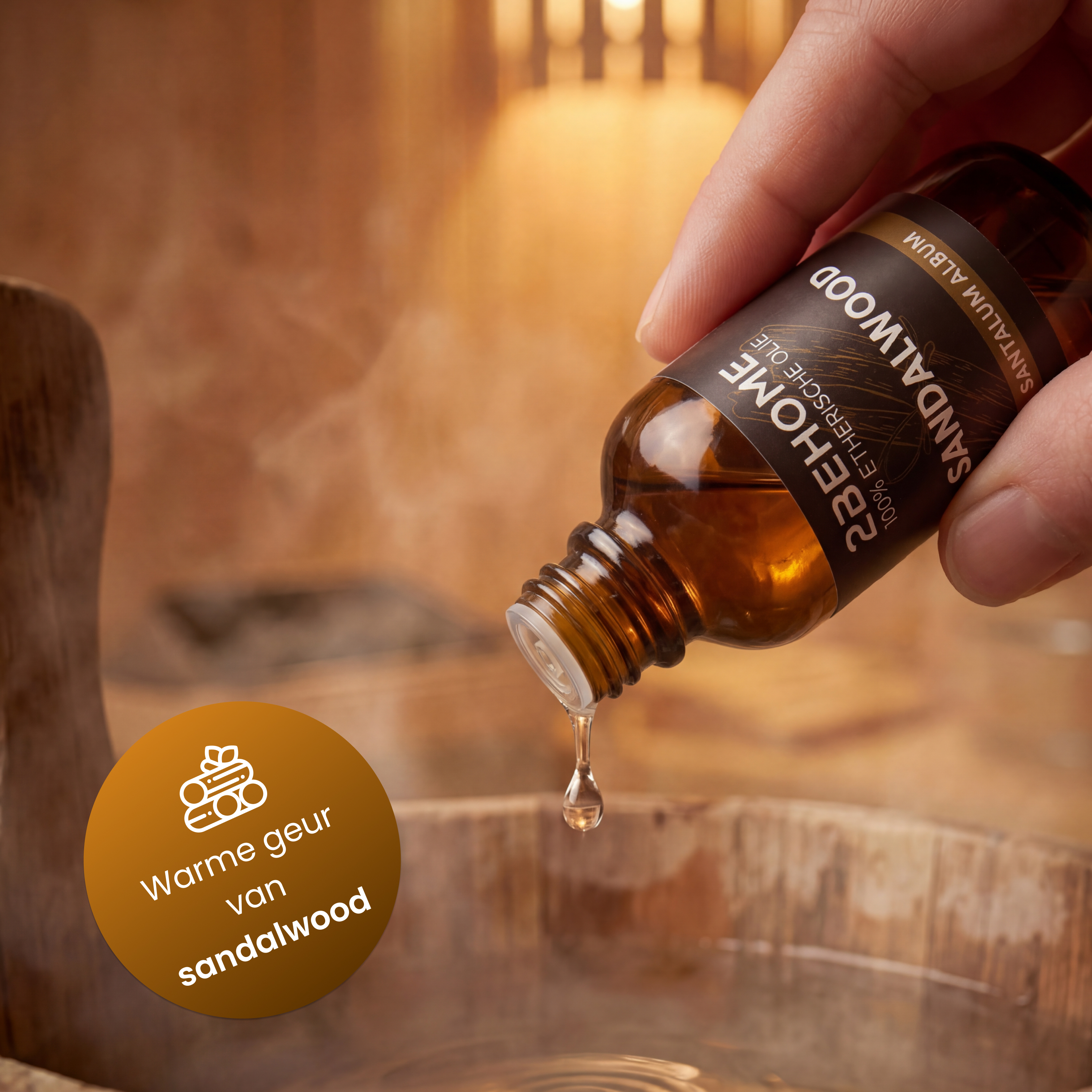 Brown oil bottle drips essential sandalwood oil into a wooden barrel. Steam rises.