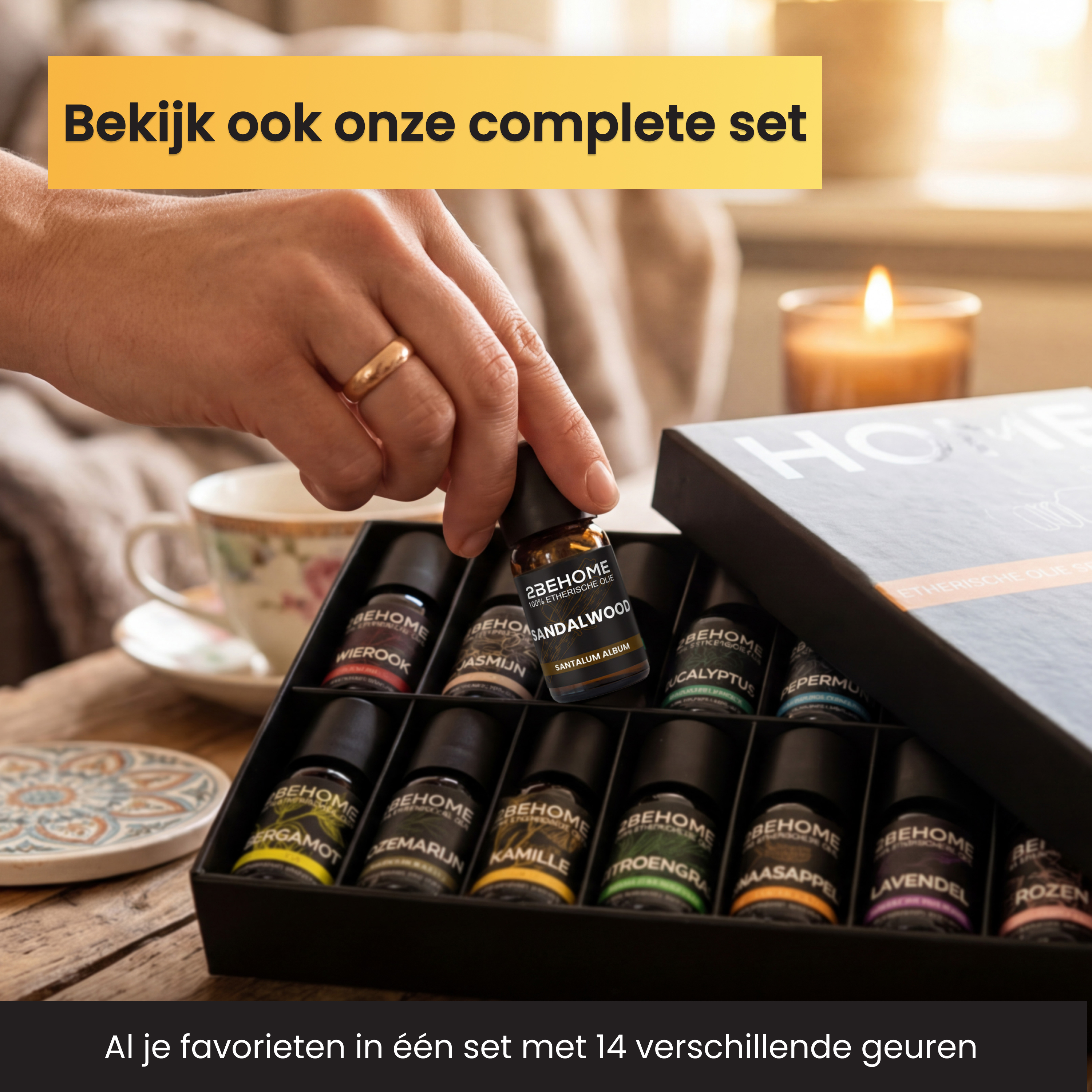 Hand with ring selects an essential oil bottle from a set.