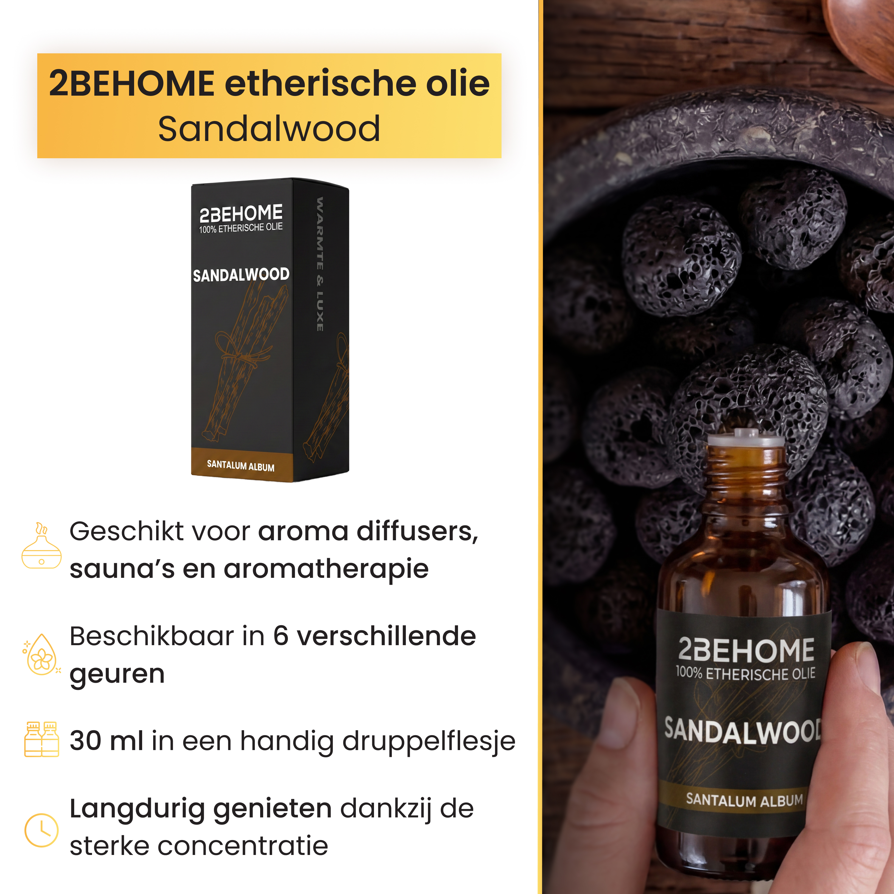 A bottle of sandalwood oil sits before a pile of dark, porous stones.