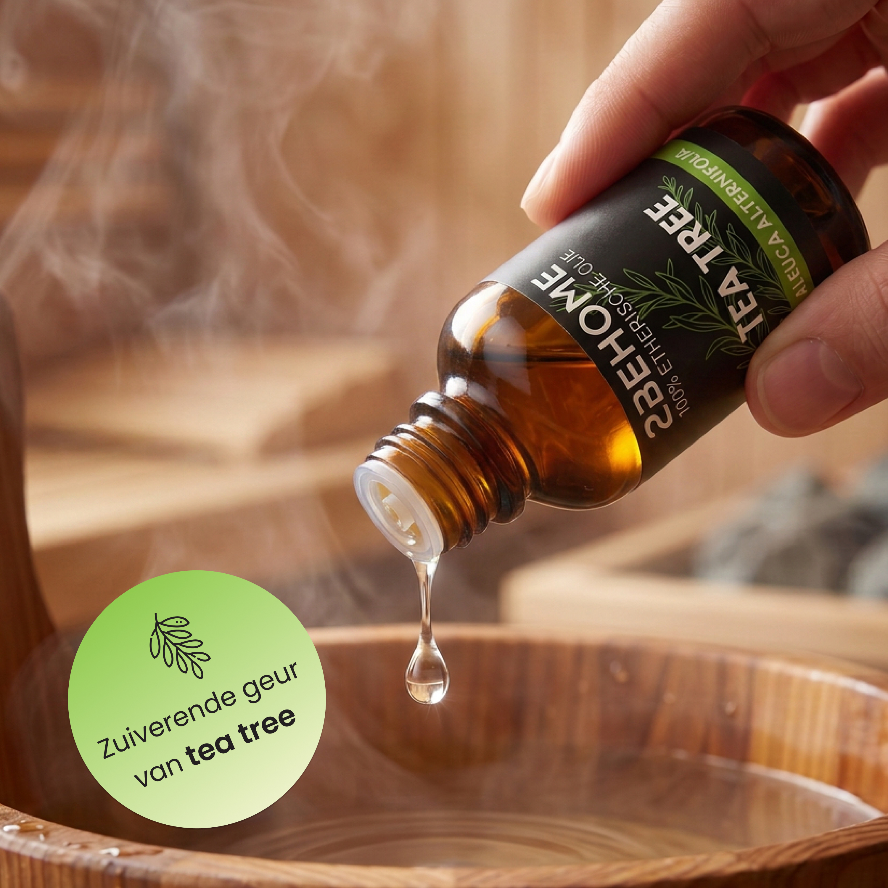 A drop of oil falls from a bottle into a steaming wooden basin.