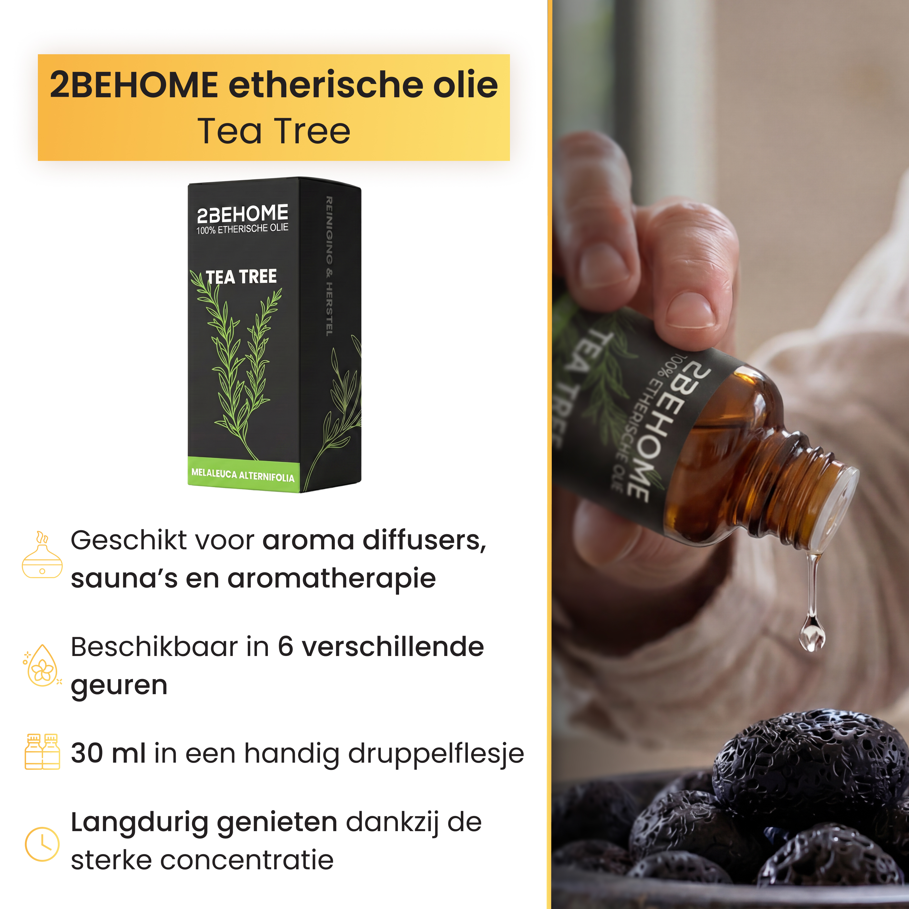 A hand drips tea tree oil from a bottle. Next to it is a tea tree oil package.