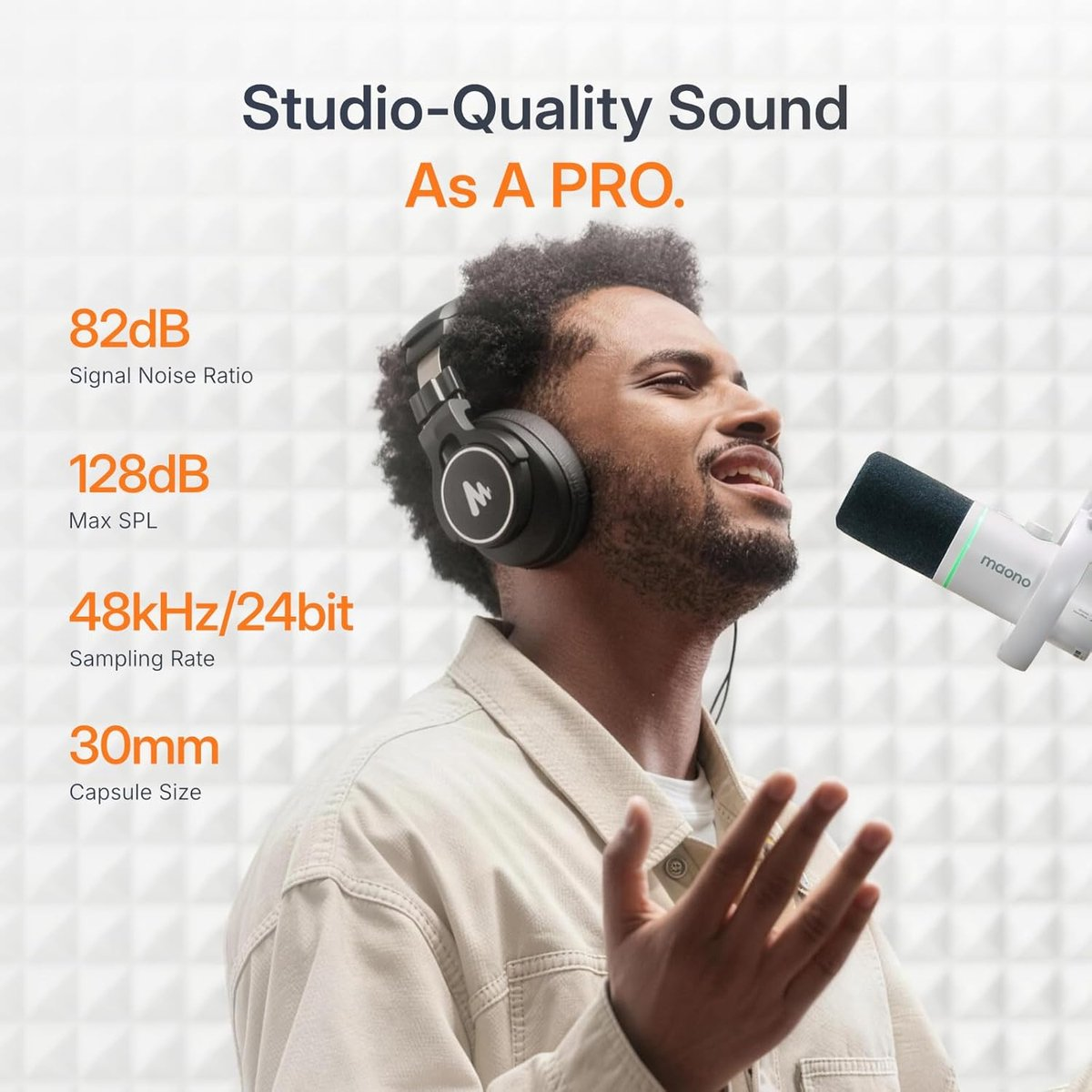 Man with headphones sings into a Maono microphone. Text details sound specs.