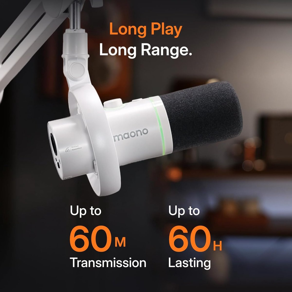 A white Maono microphone with a black foam windscreen, mounted on a stand.