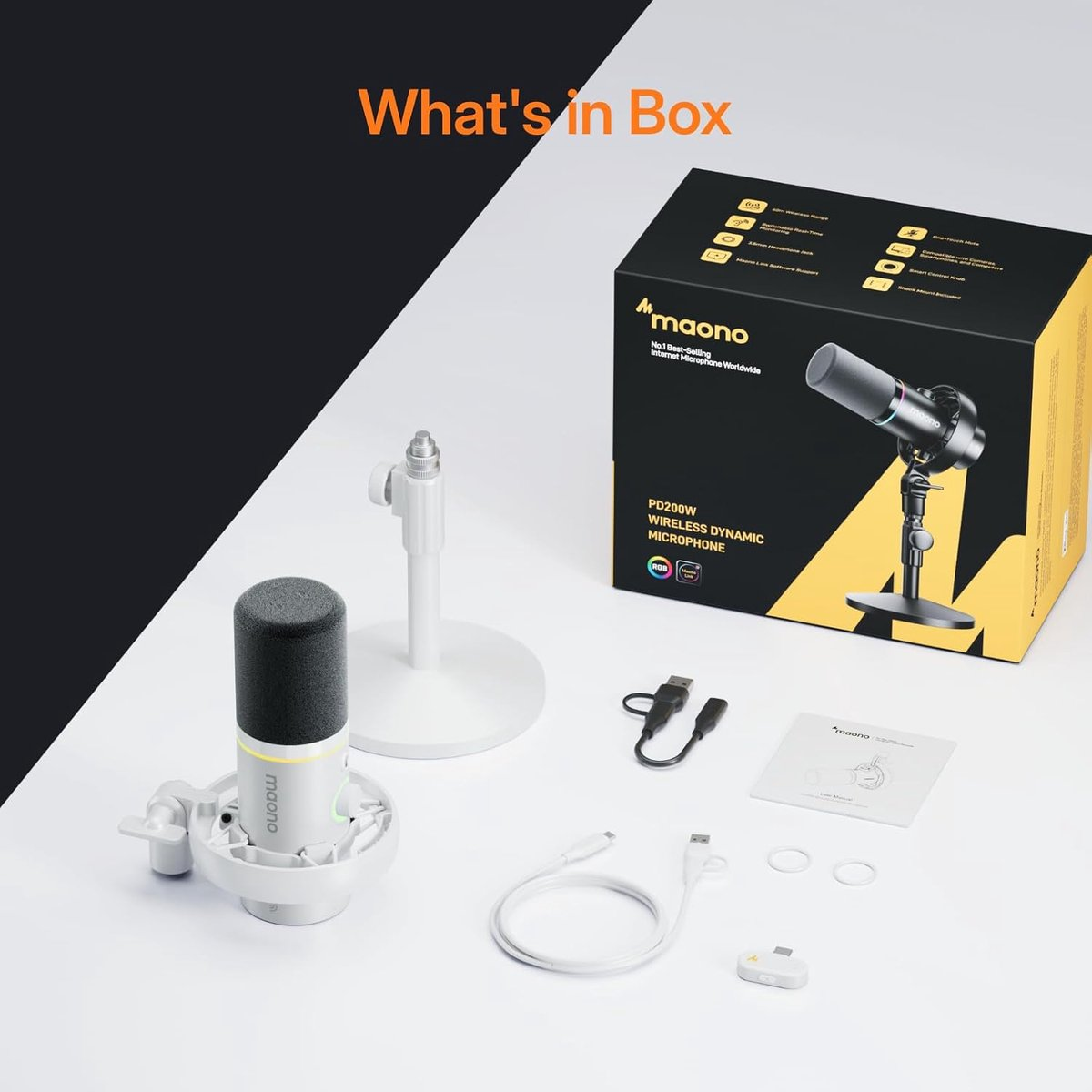 Maono PD200W wireless microphone, accessories and box on a white surface.