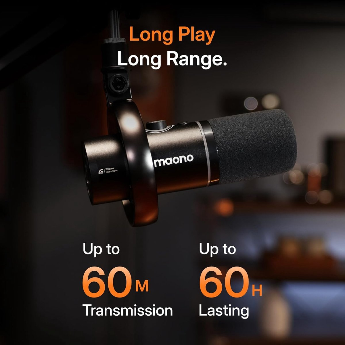 A black Maono microphone with orange text: up to 60m transmission, 60h lasting.