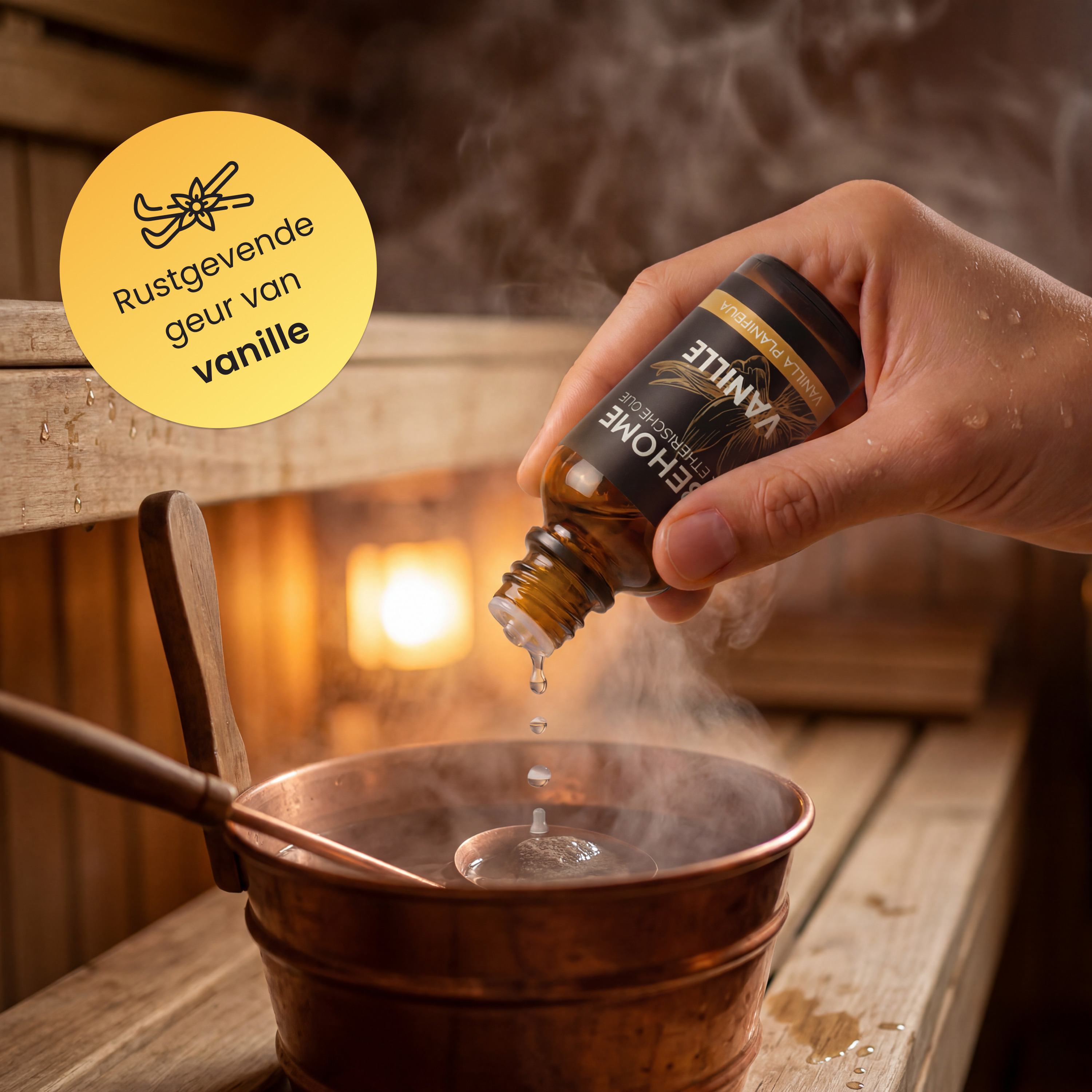 Essential oil is being dripped into a copper bowl of steaming water.