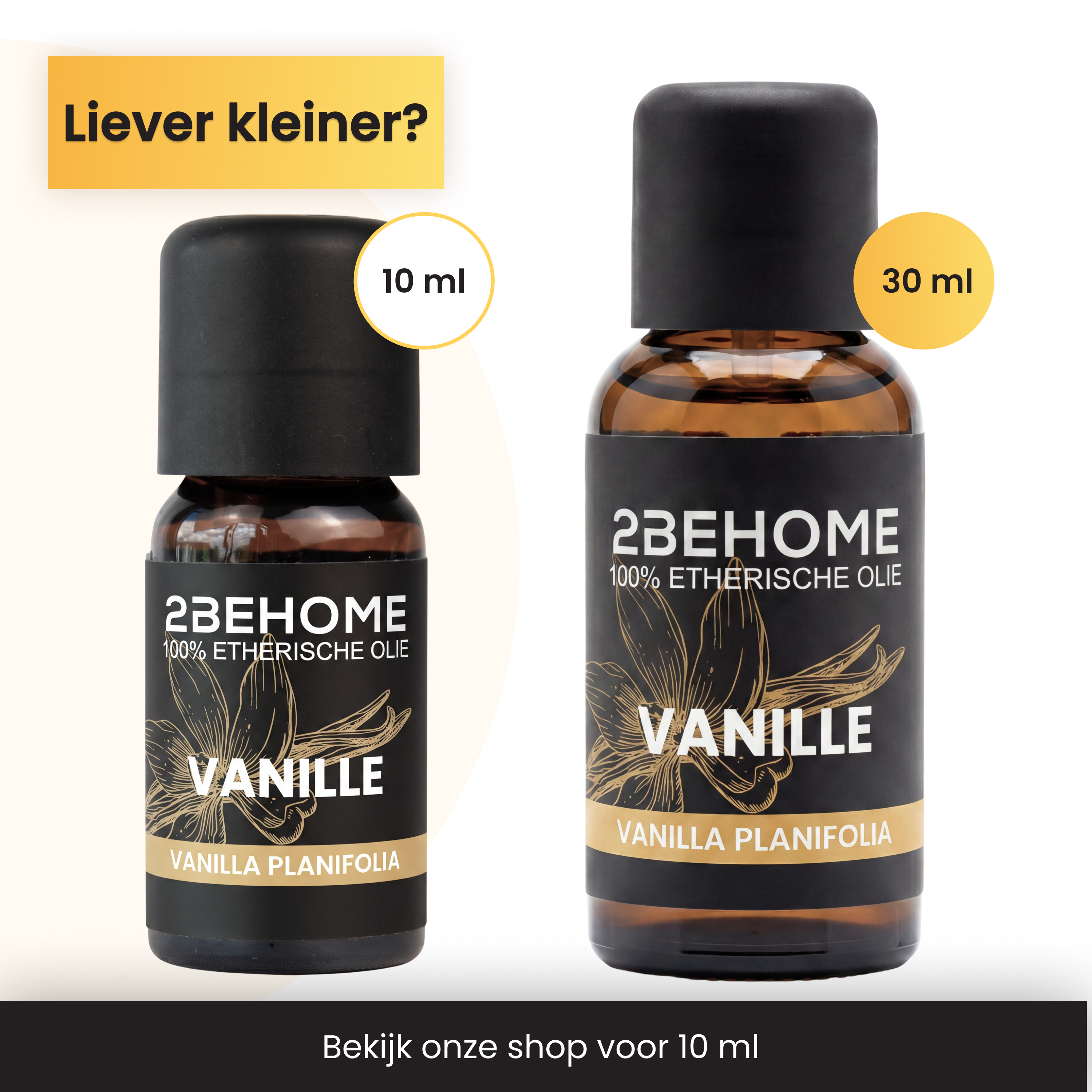 Two bottles of vanilla essential oil, 10 ml and 30 ml, on a white background.