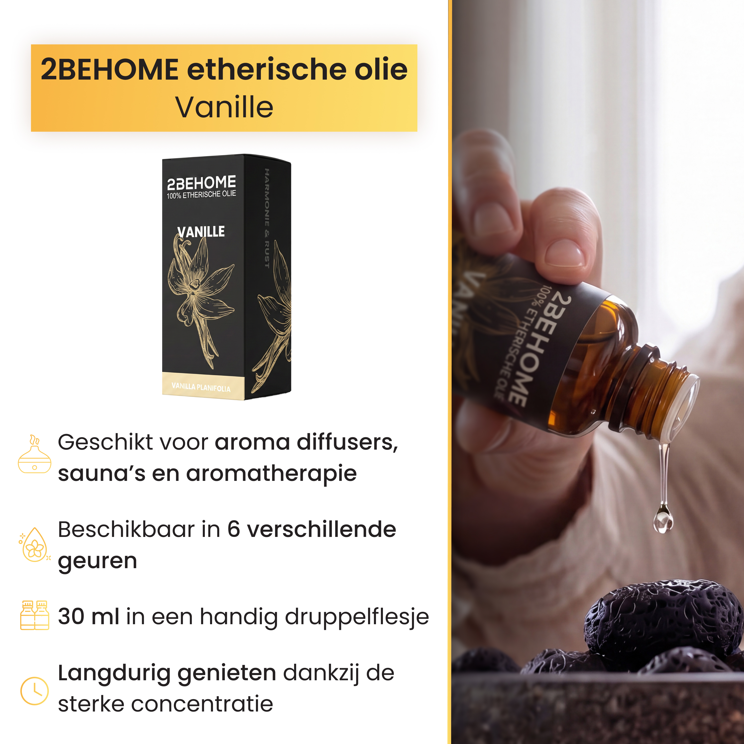A hand drips vanilla essential oil from a brown bottle into a bowl of dark objects.