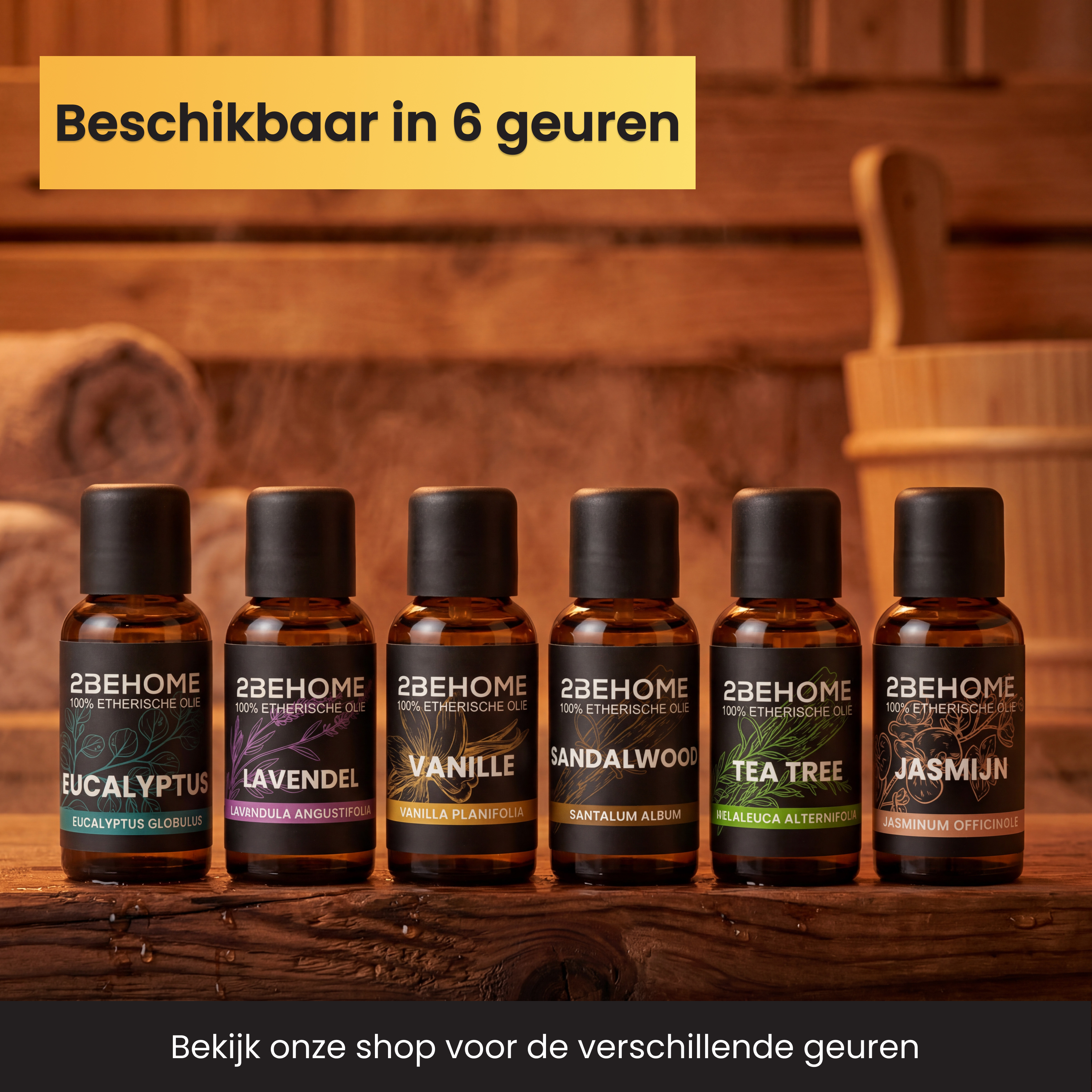 Six bottles of essential oil are displayed on a wooden shelf in a sauna.