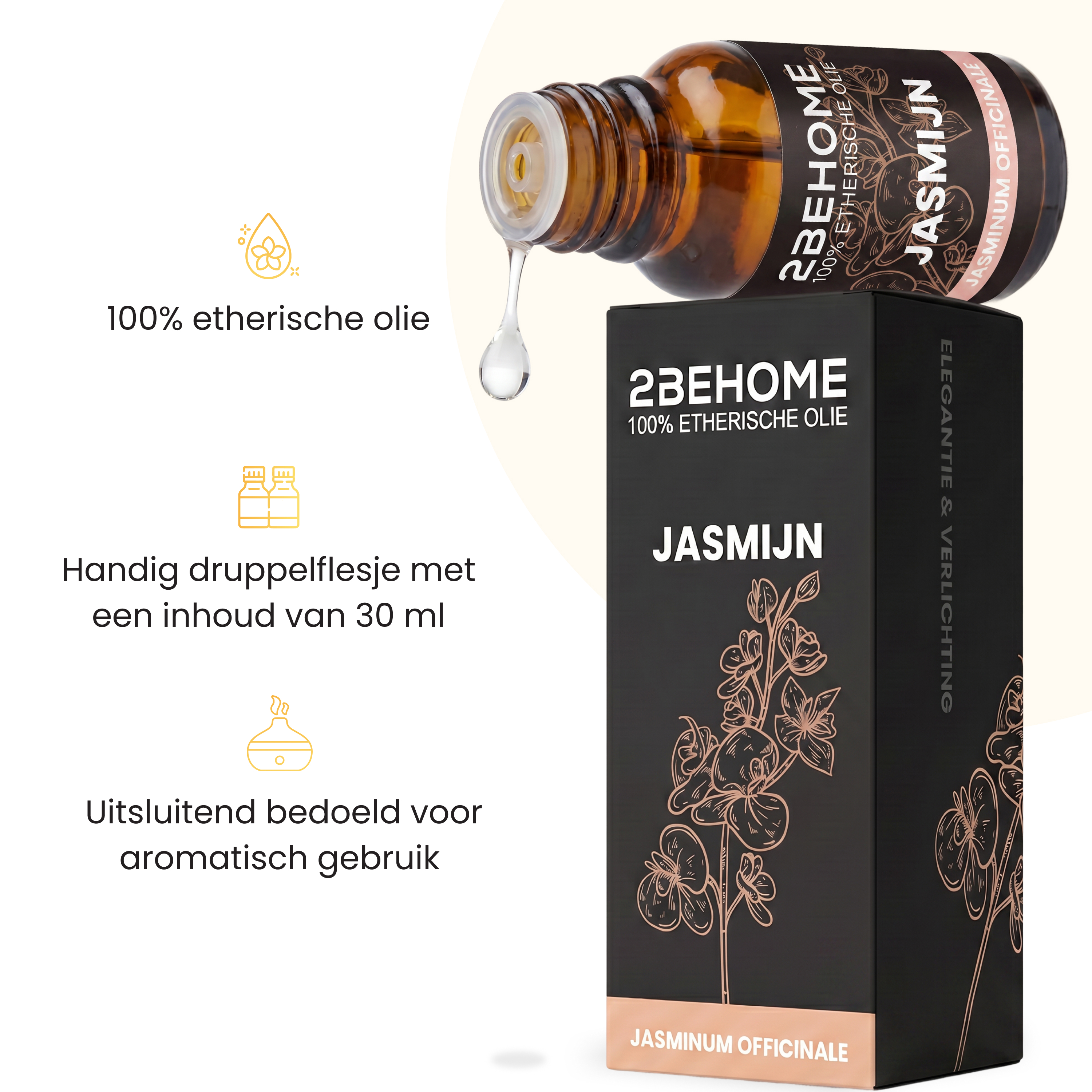 Amber bottle of jasmine oil next to its black floral packaging. 30 ml.