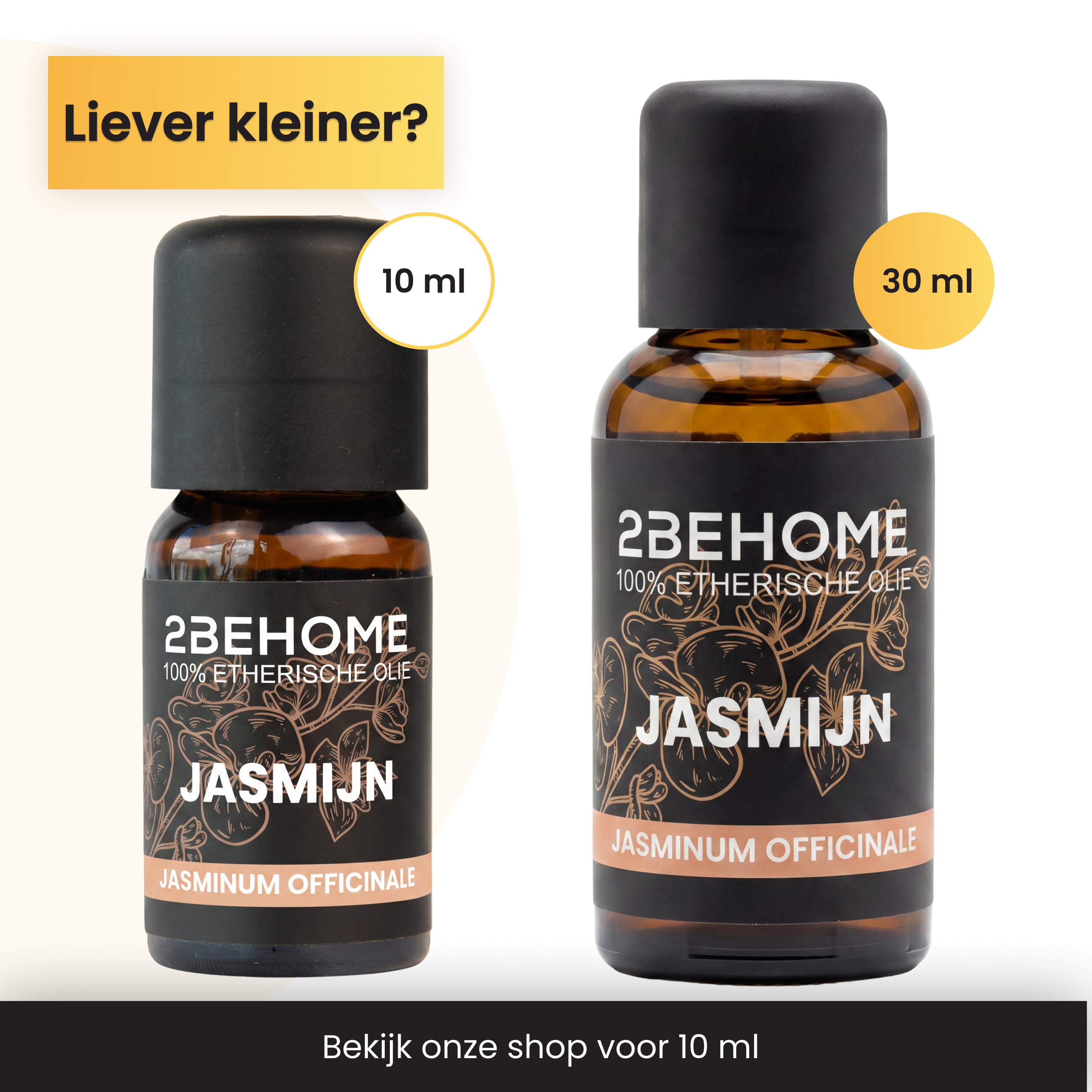 Two bottles of 2BEHOME jasmine essential oil, 10ml and 30ml, with floral design.