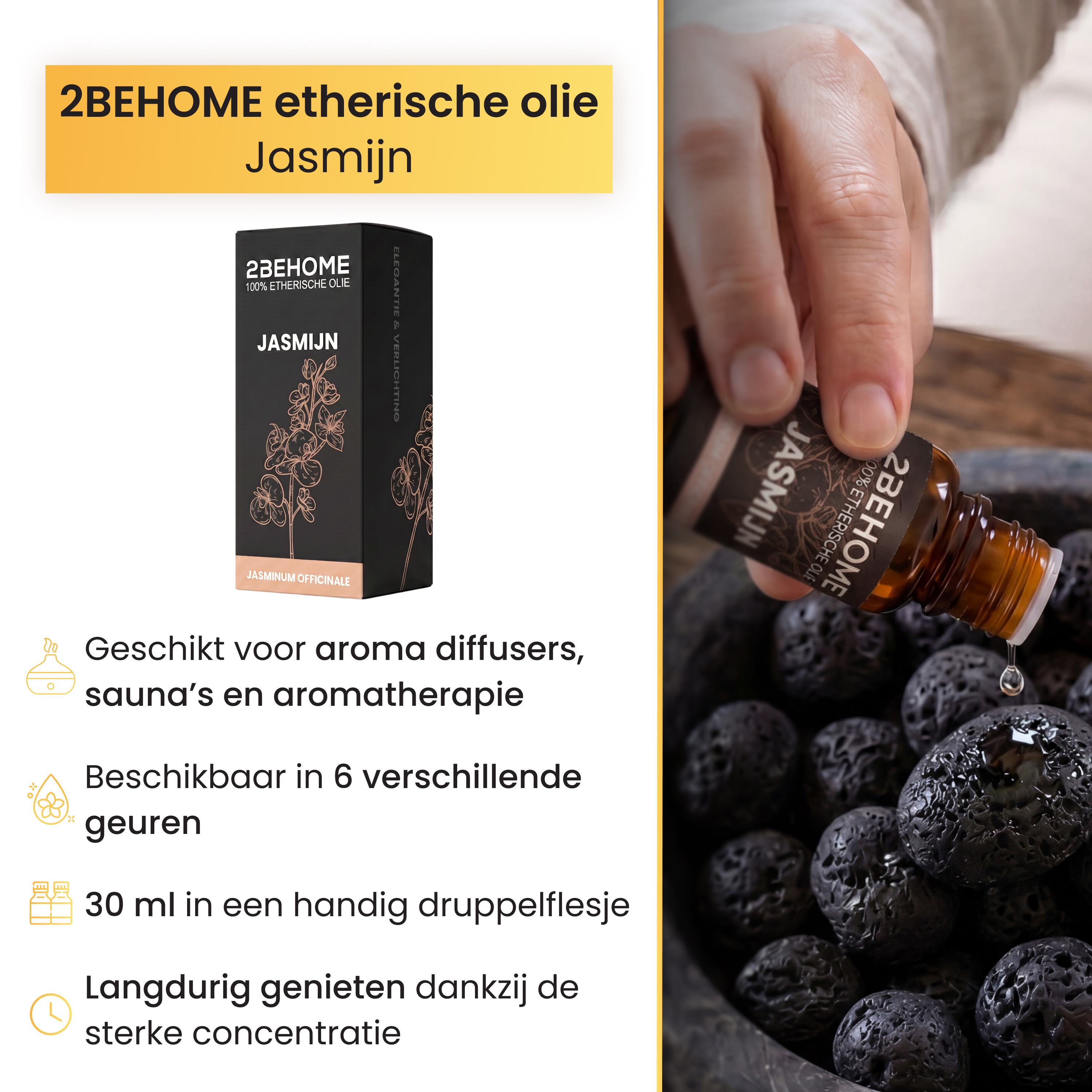 A hand drips jasmine oil from a bottle onto dark lava stones.