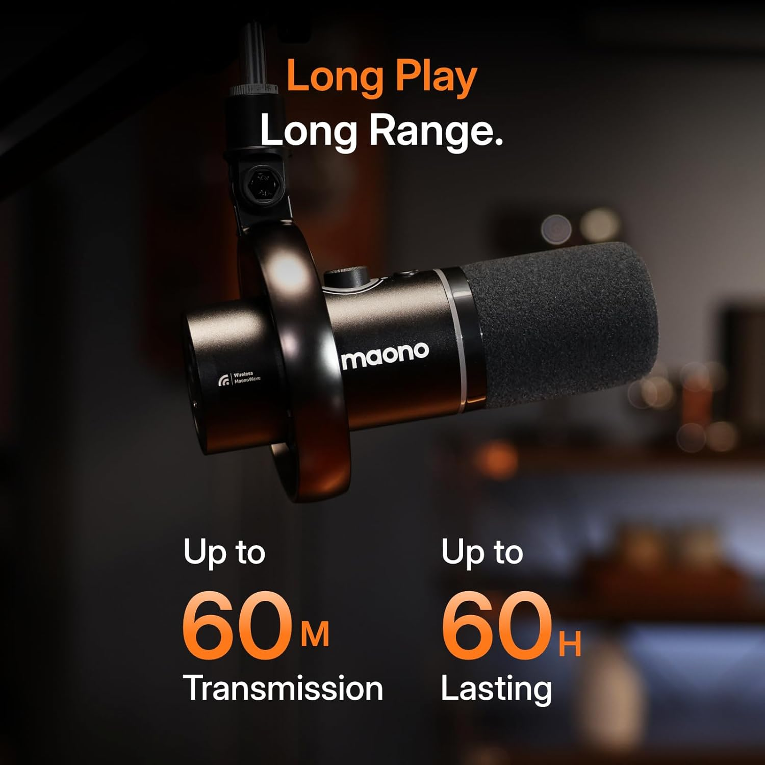 A black microphone with text "Long Play Long Range" and "60m Transmission 60h Lasting".