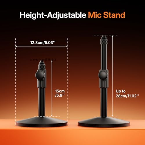 Two black height-adjustable microphone stands on an orange surface.