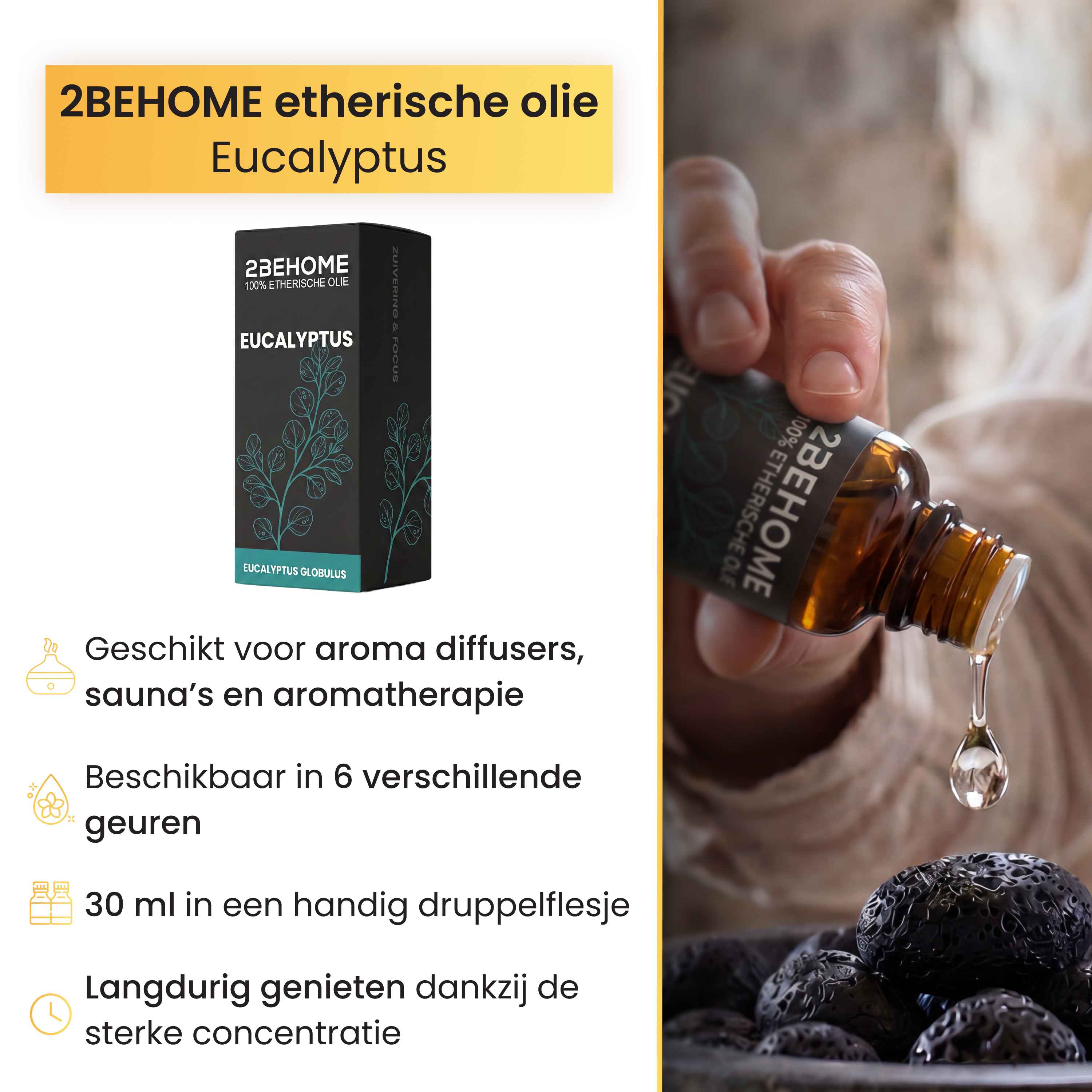 A hand drips eucalyptus essential oil from a bottle into a bowl of decorative stones.