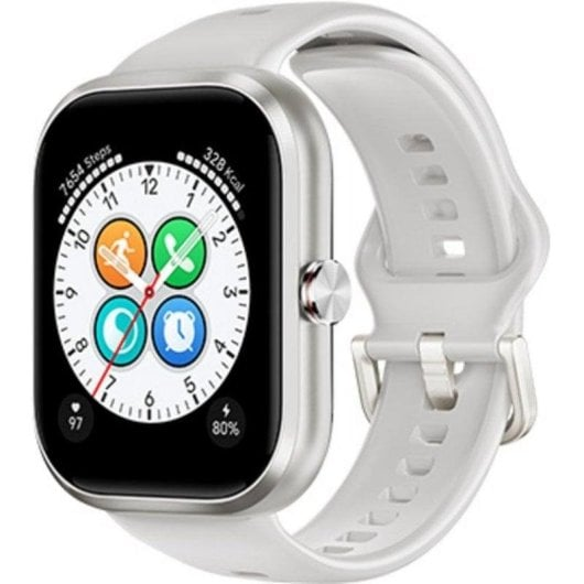 Un reloj inteligente blanco con bisel plateado y pantalla táctil.