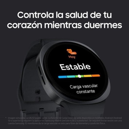 Uno smartwatch mostra una lettura stabile della frequenza cardiaca con testo 'Carga vascular constante'.