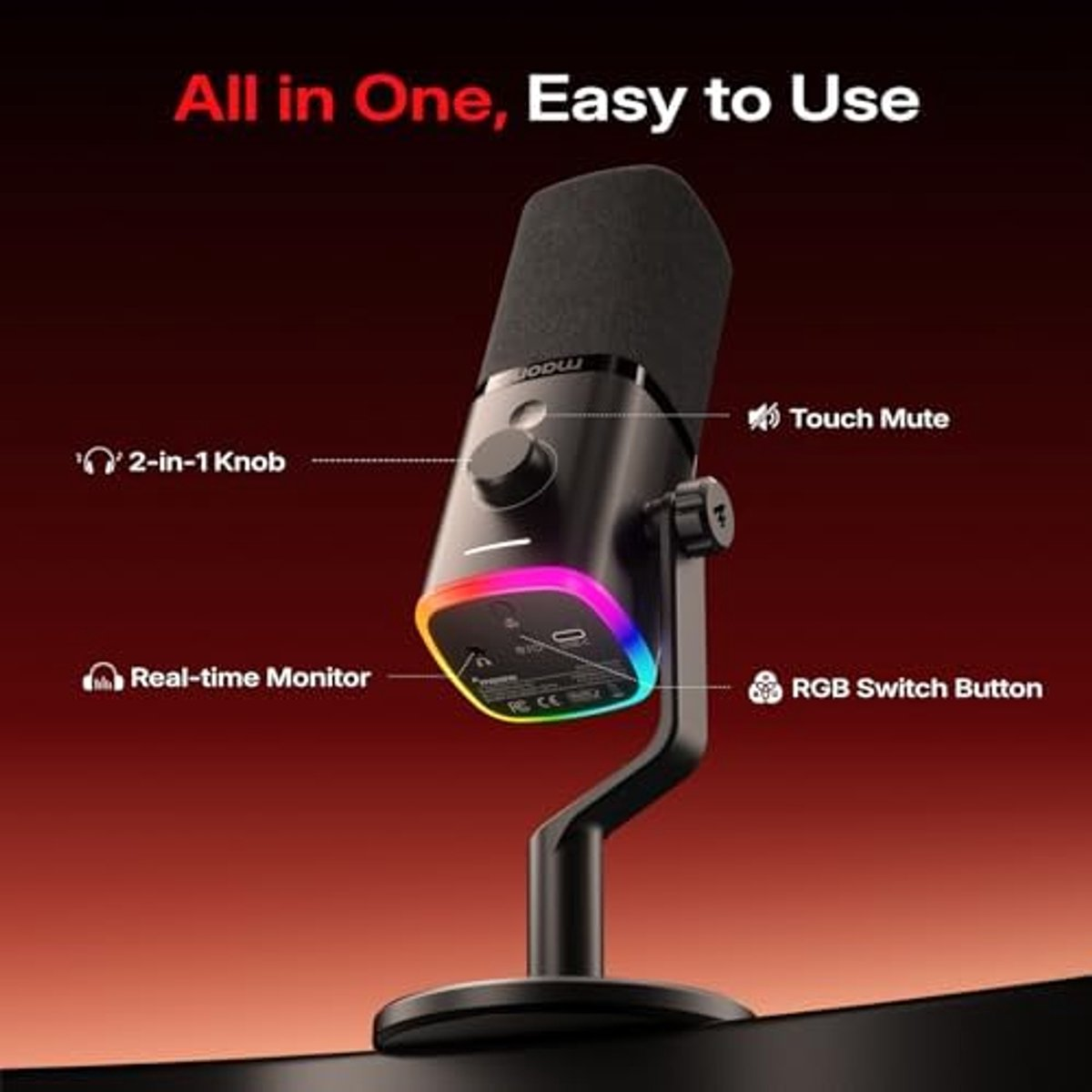 Un micrófono negro con iluminación RGB, etiquetado para funciones como perilla de volumen y silencio.