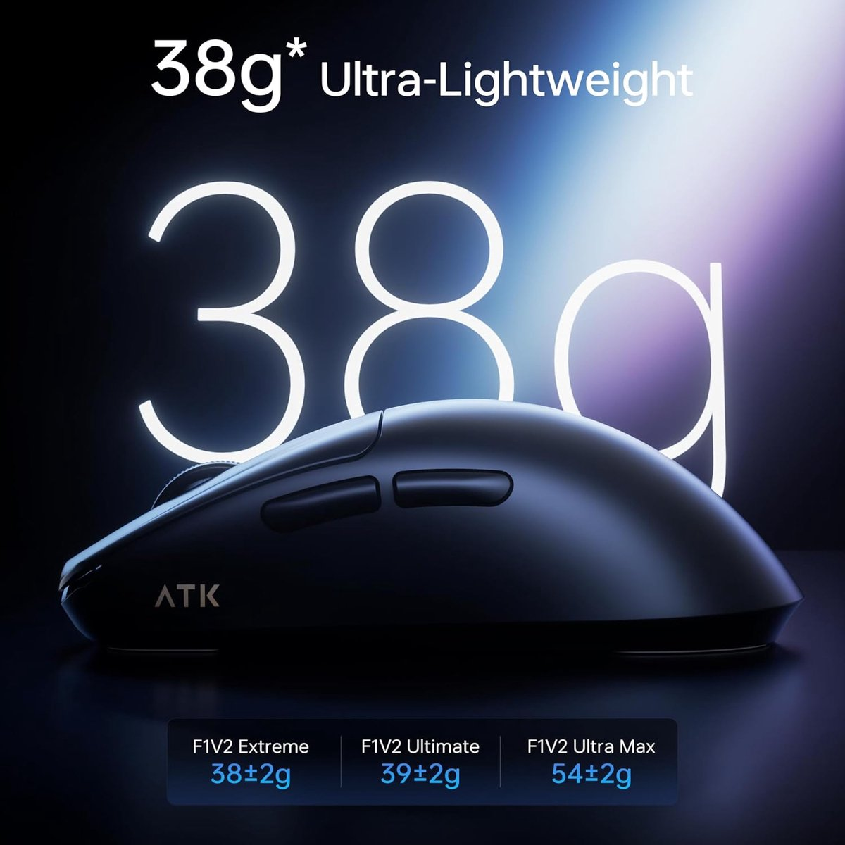 Black ultra-lightweight gaming mouse, weighing 38g, on a dark background.