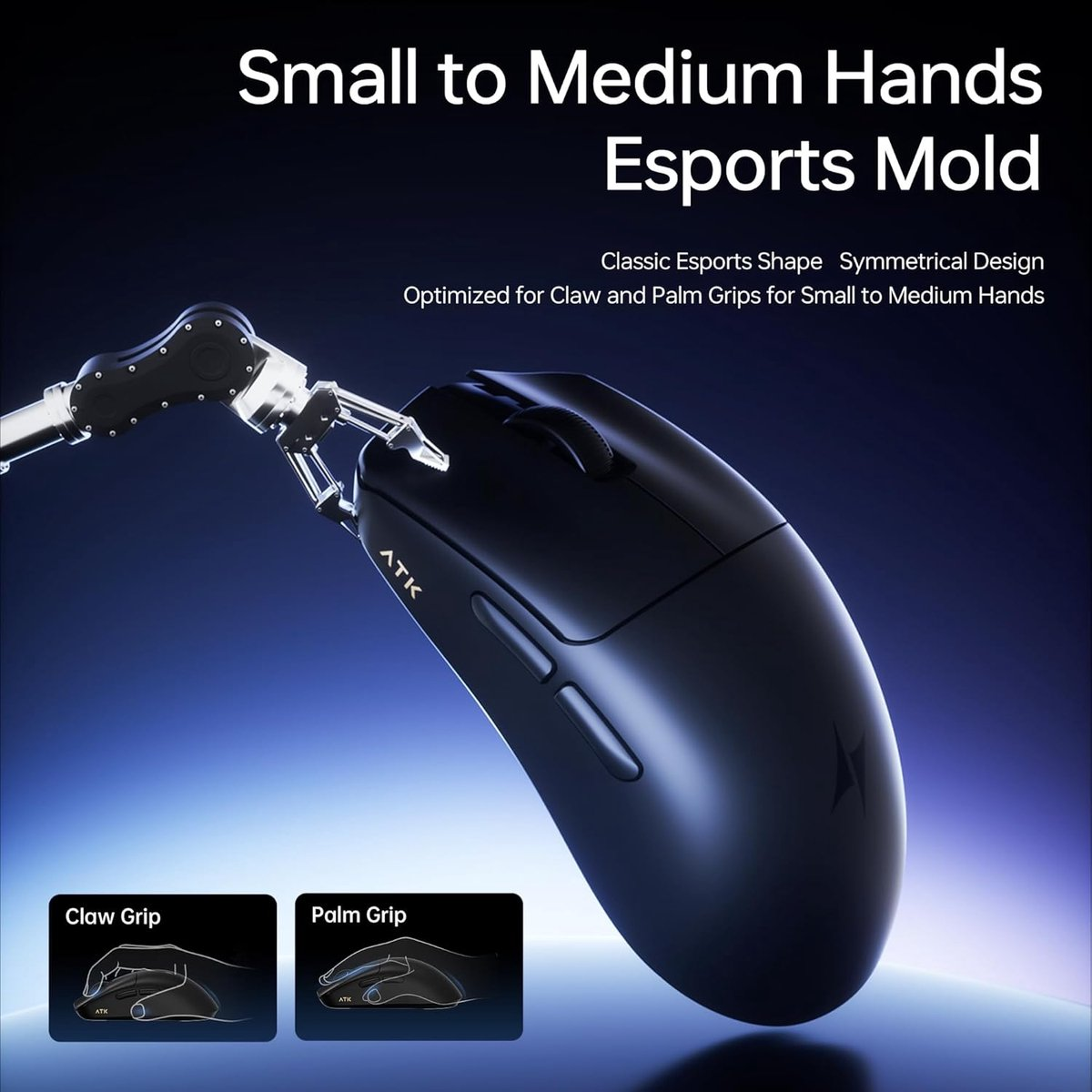 Black gaming mouse with robotic arm and grip diagrams.
