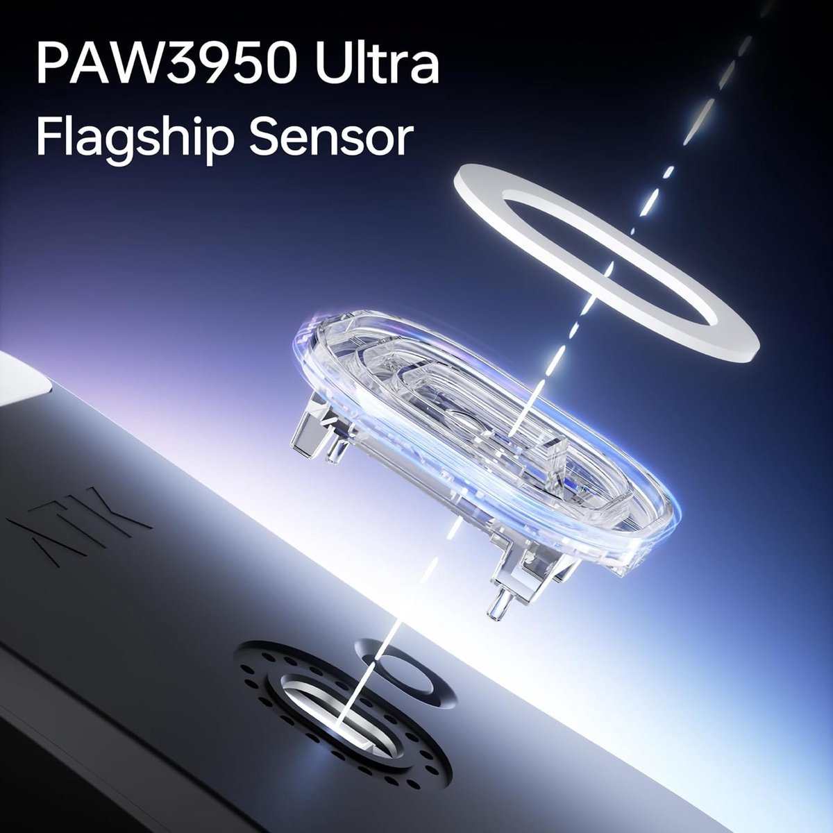 PAW3950 Ultra Flagship Sensor: transparent component with blue lights floating over black object.