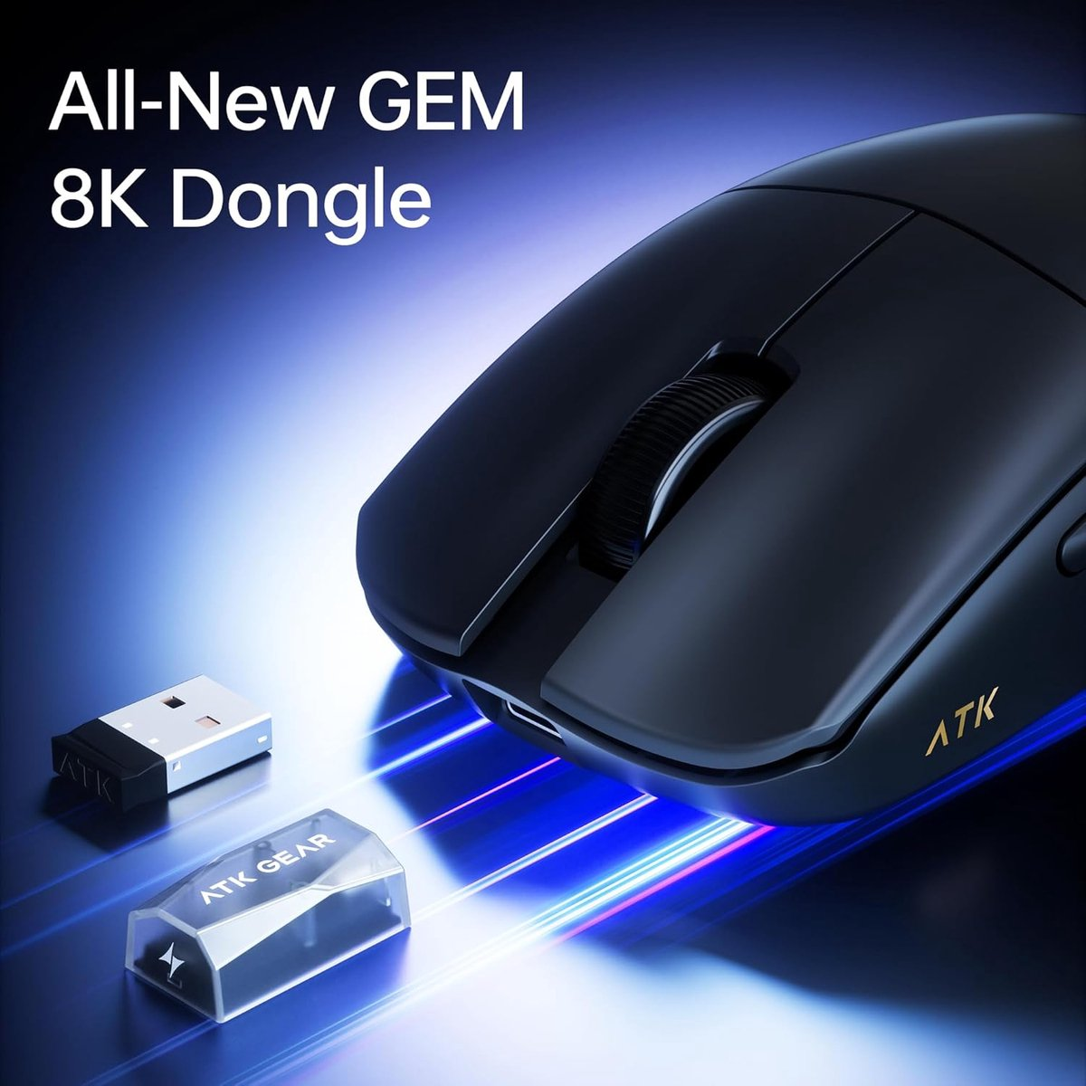 Black gaming mouse with USB dongle and clear cap detail on blue background.