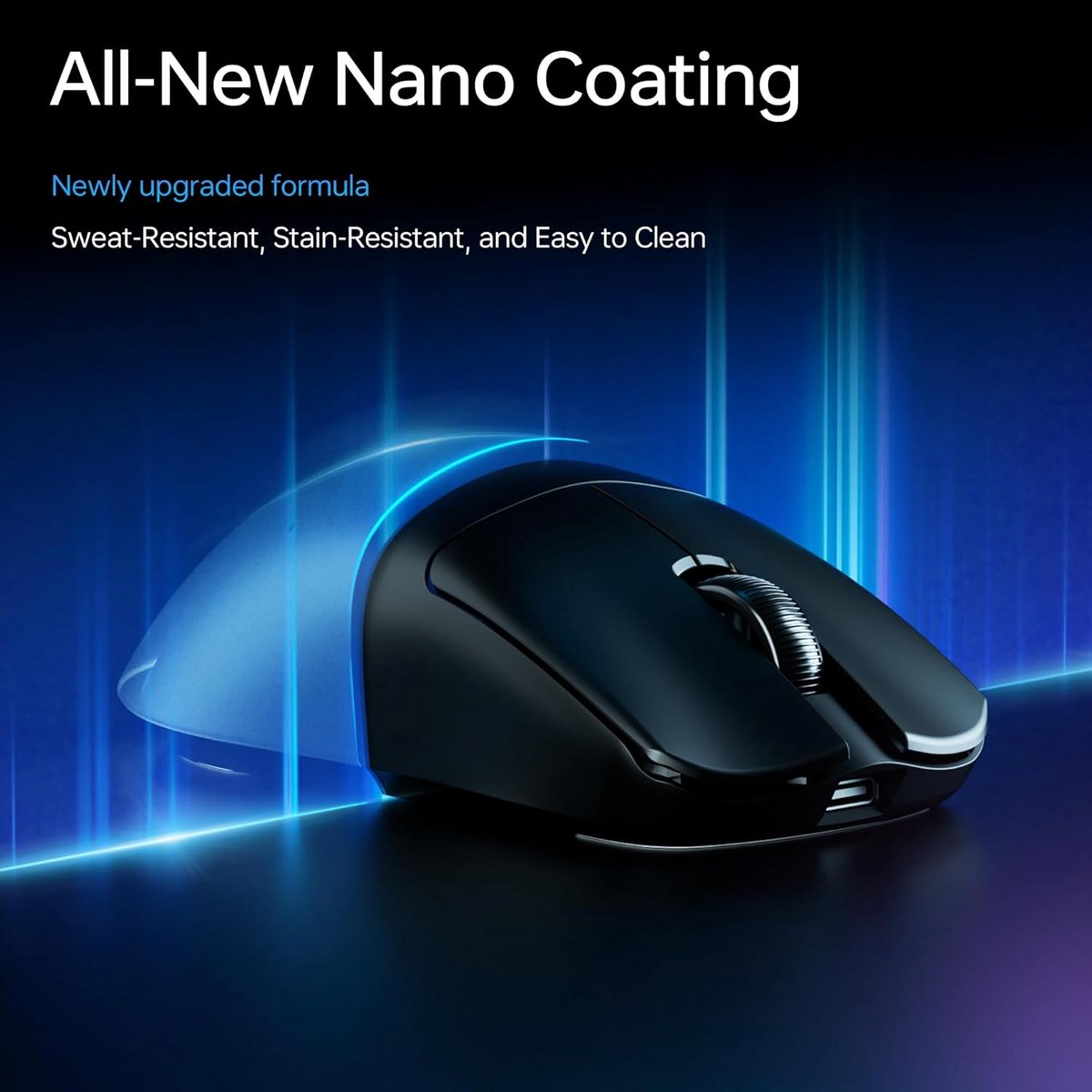 Black mouse with nano coating, illuminated by blue lines.