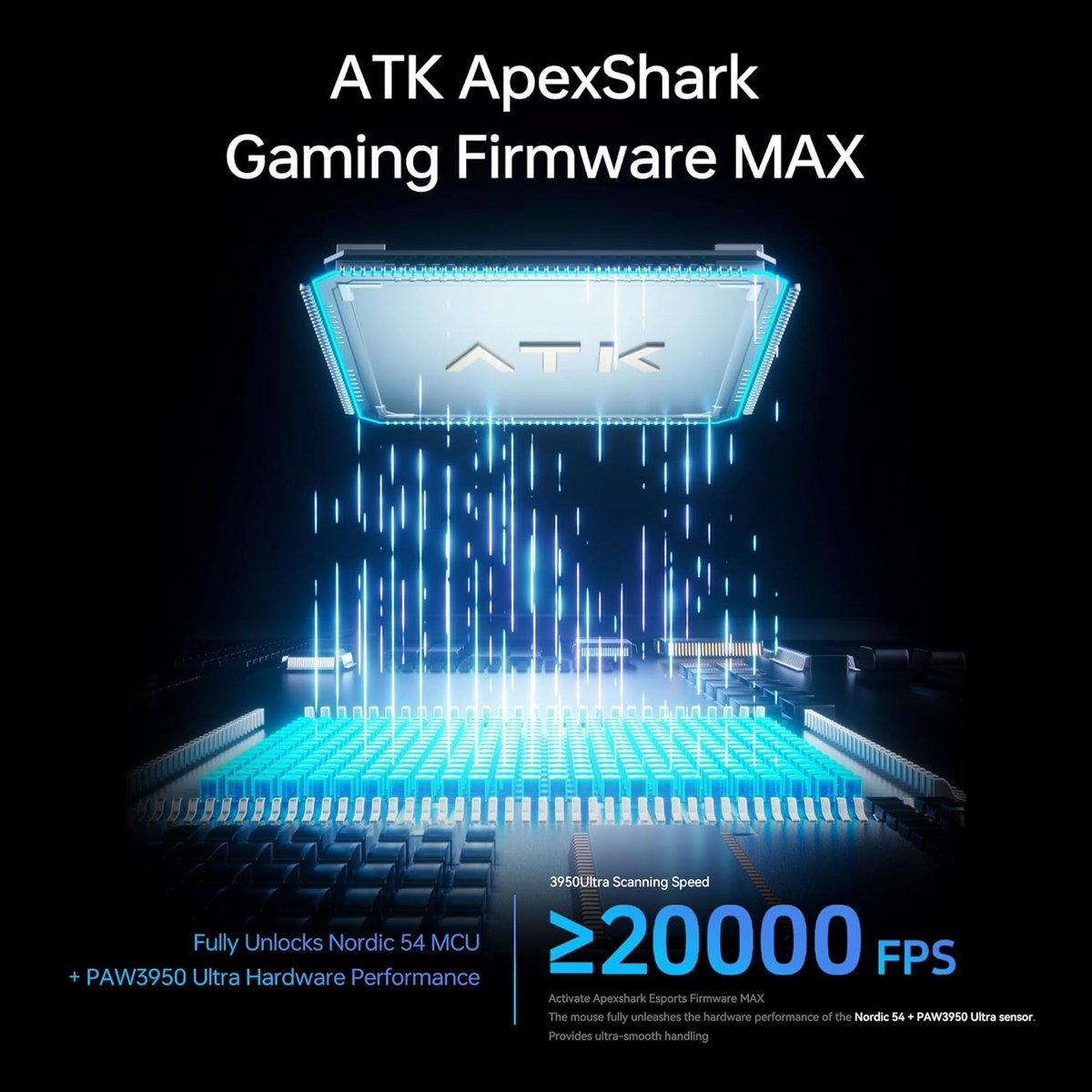 ATK ApexShark Gaming Firmware MAX. Blue lines emanate from an ATK chip over a circuit board.