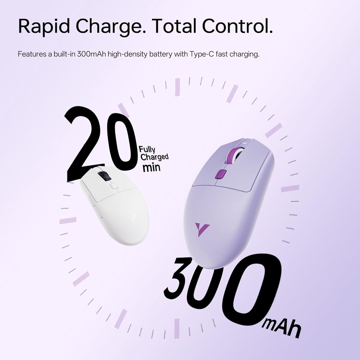 Two mice, white and lavender, with charge indicators and numbers.