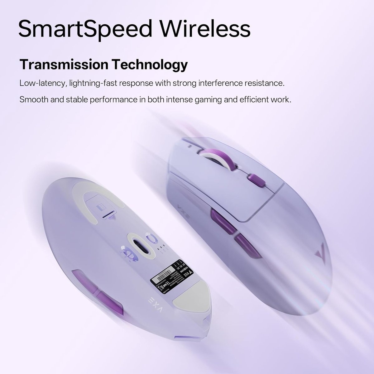 Two lavender wireless mice with purple accents, one in front of the other.