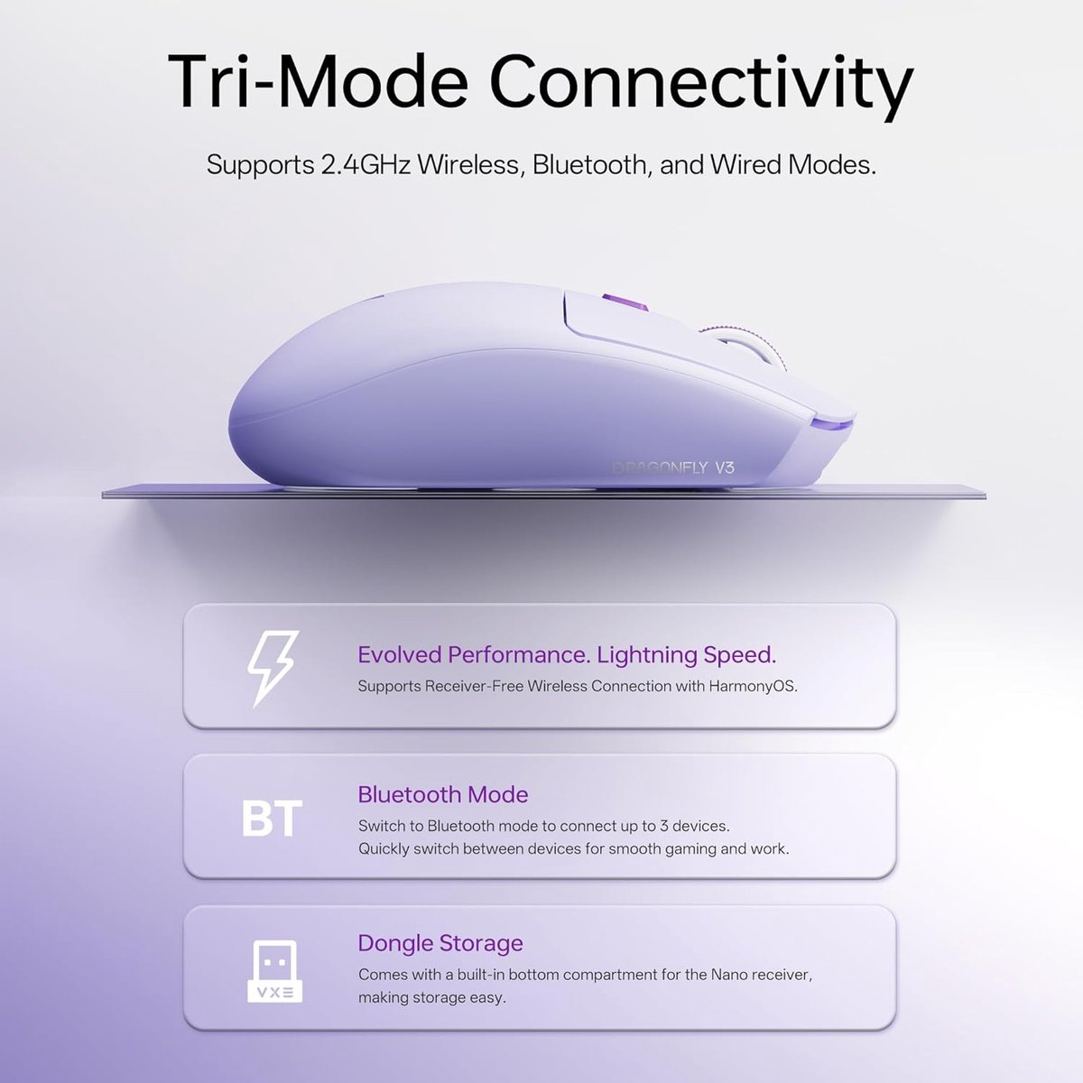 A lavender mouse with three connectivity modes: Performance, Bluetooth, and Dongle Storage.