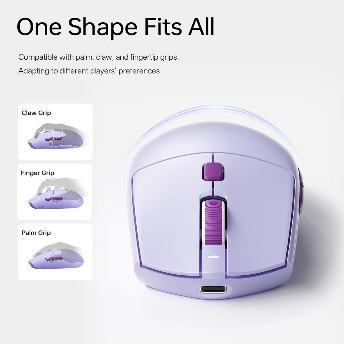 A purple gaming mouse with purple scroll wheel and buttons, shown for different grip types.