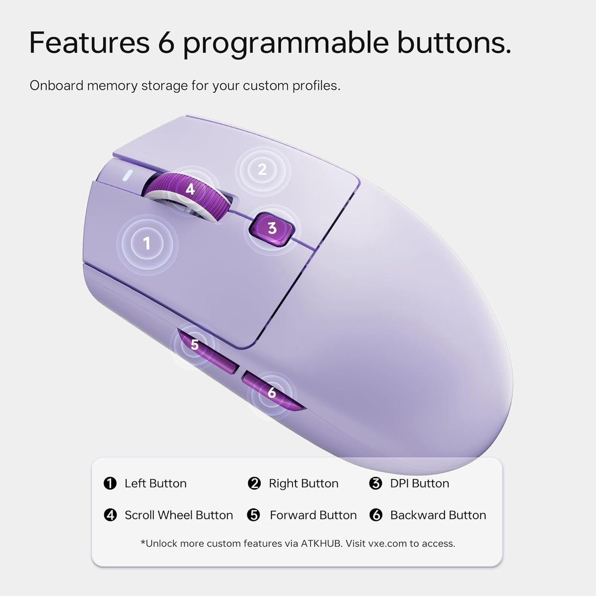 Purple mouse with 6 programmable buttons, numbered 1-6.