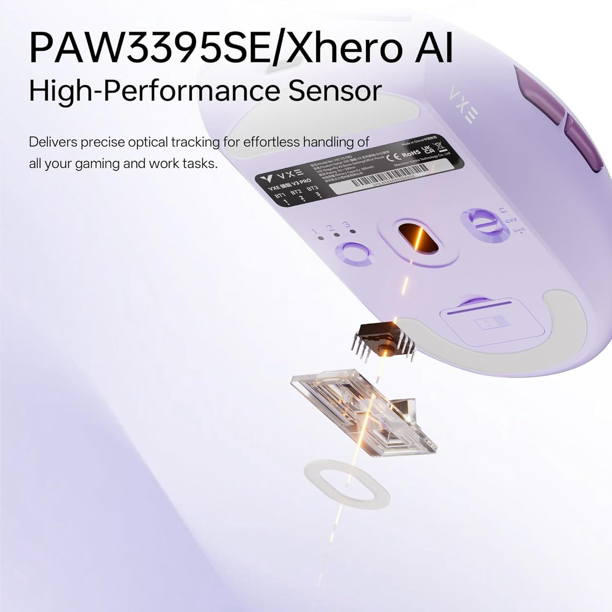 Purple computer mouse with detachable sensor, designed for precise tracking.