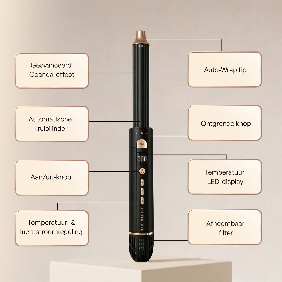 Black curling iron with gold accents and labels.