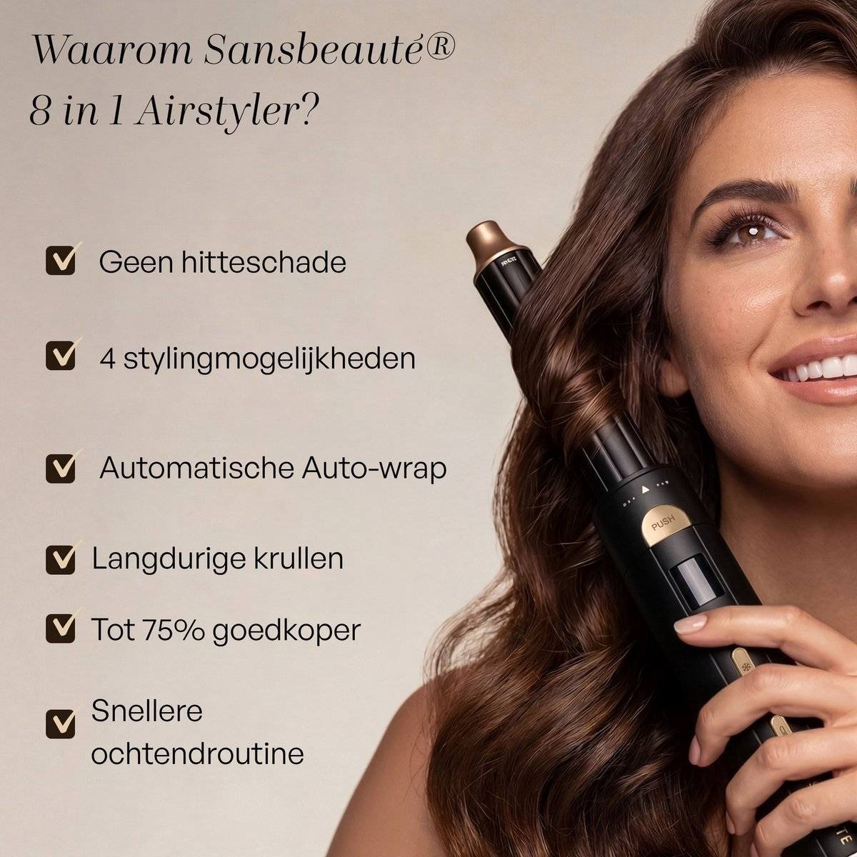 A woman with long brown hair uses a black 8-in-1 airstyler.
