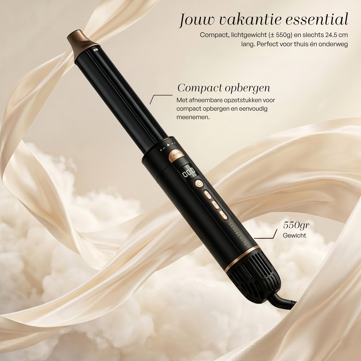 Black curling iron with digital controls, draped in fabric.