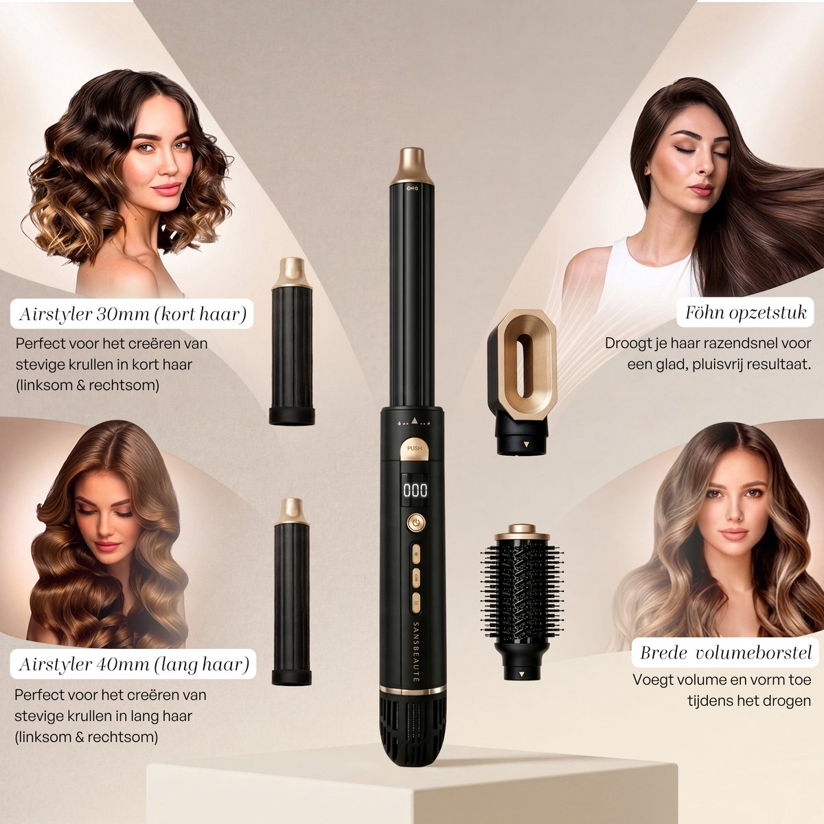 A hair styler set with attachments for curls and volume.