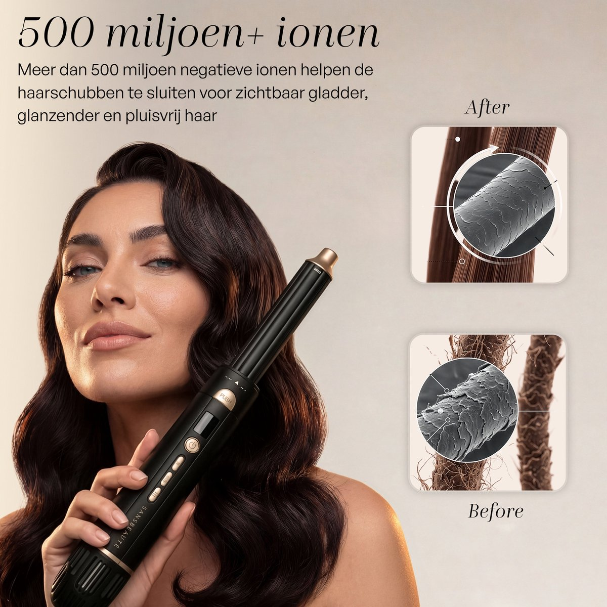 Woman holding a hair styler. Before/after images of hair structure.
