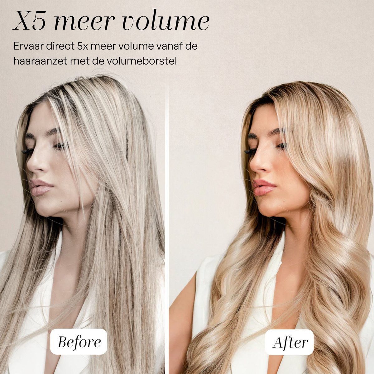 Comparaison avant-après d'une femme aux cheveux raides et volumineux.