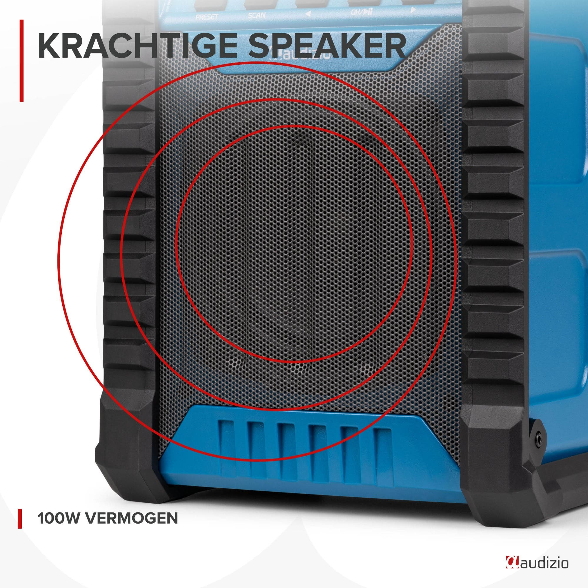 Un altavoz azul con rejilla negra y ondas de sonido rojas.